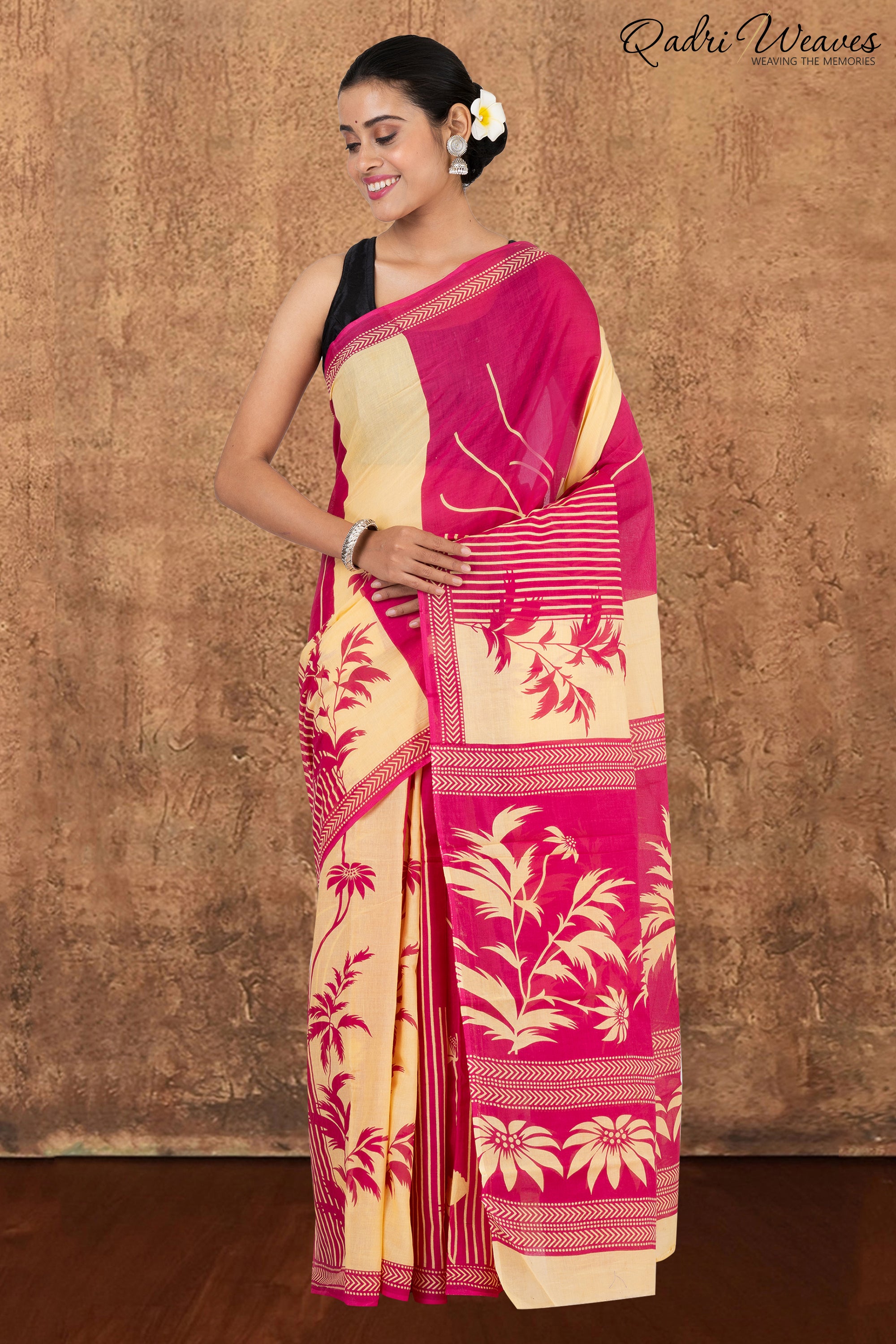 Printed Bright Pink Leaf & Flower Design Pure Mulmul Saree