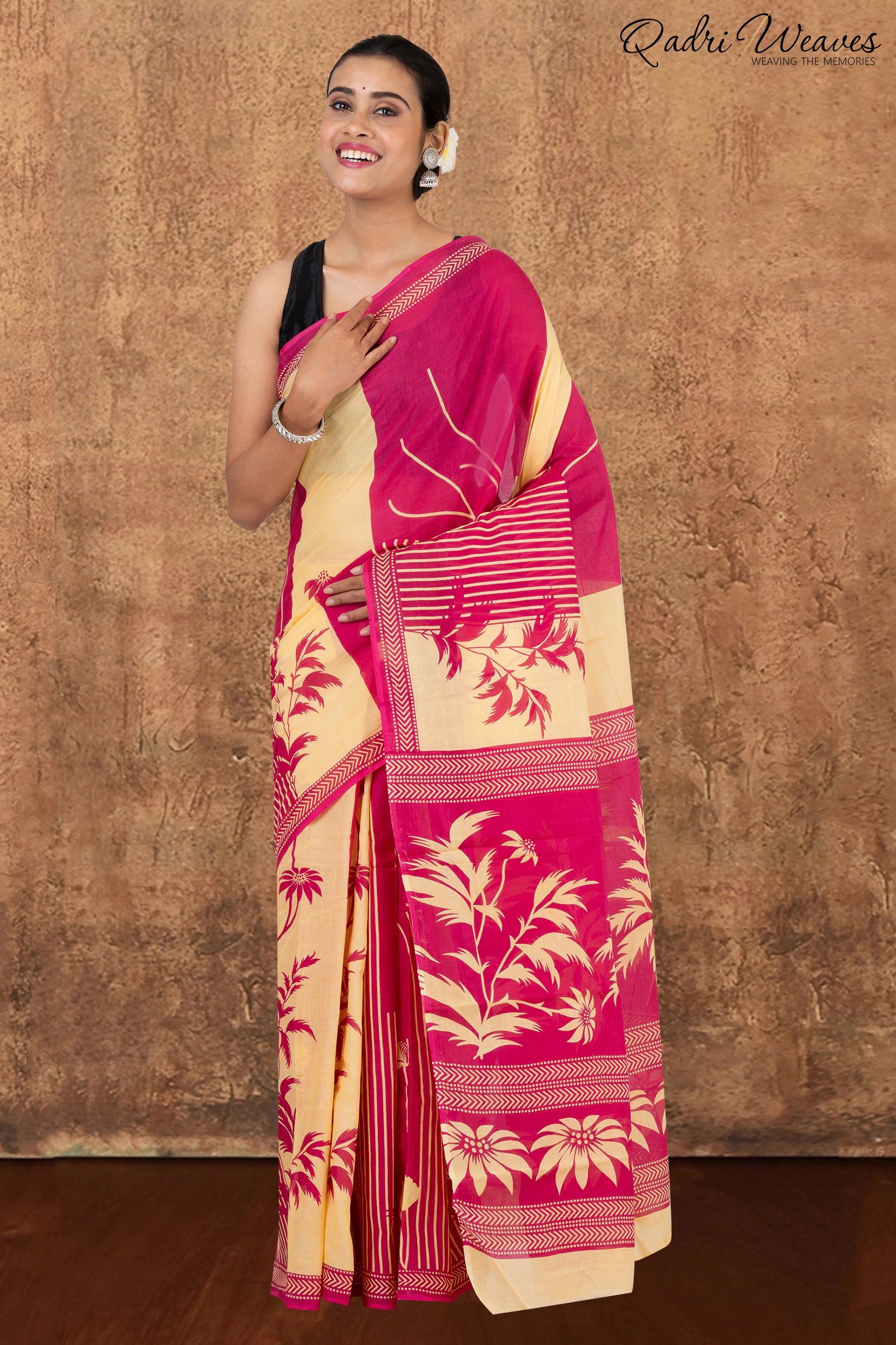 Printed Bright Pink Leaf & Flower Design Pure Mulmul Saree