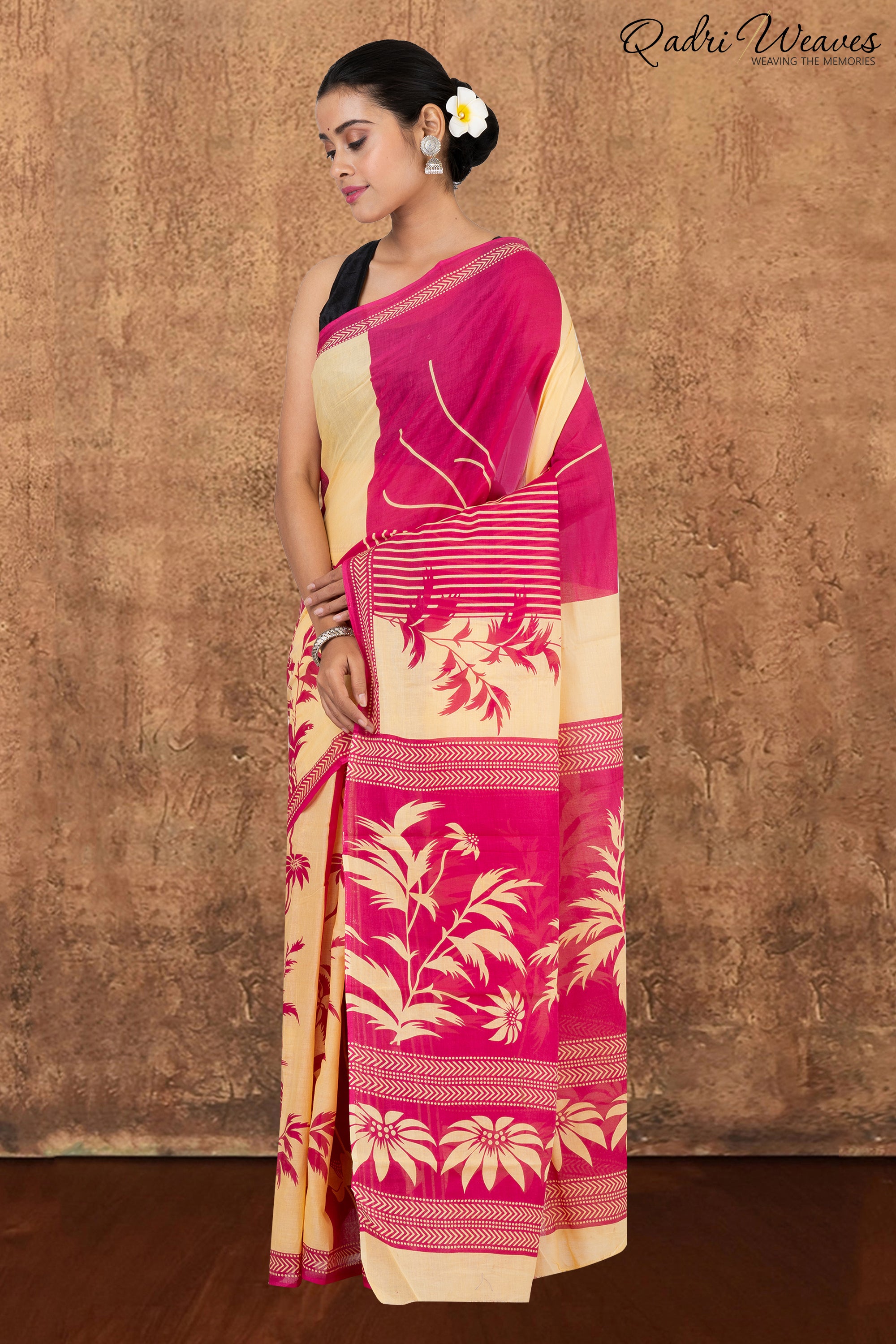 Printed Bright Pink Leaf & Flower Design Pure Mulmul Saree