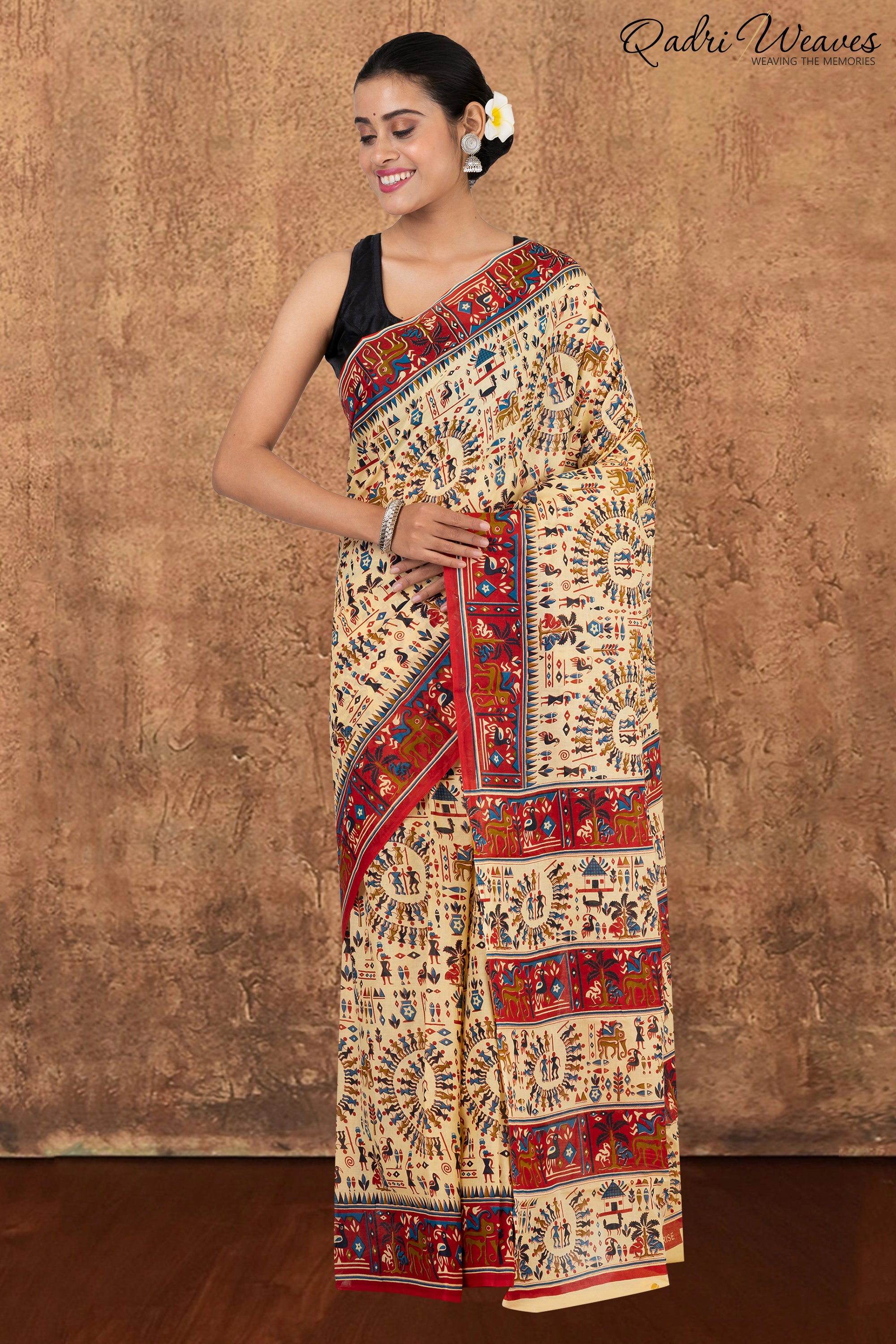 Printed Red & Ivory Ancient Civilizations Design Pure Mulmul Saree