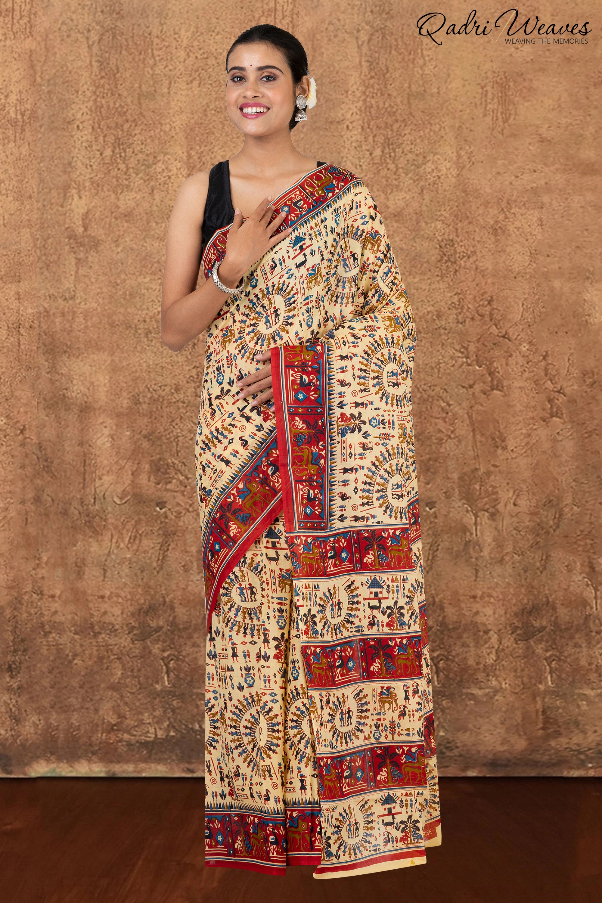 Printed Red & Ivory Ancient Civilizations Design Pure Mulmul Saree