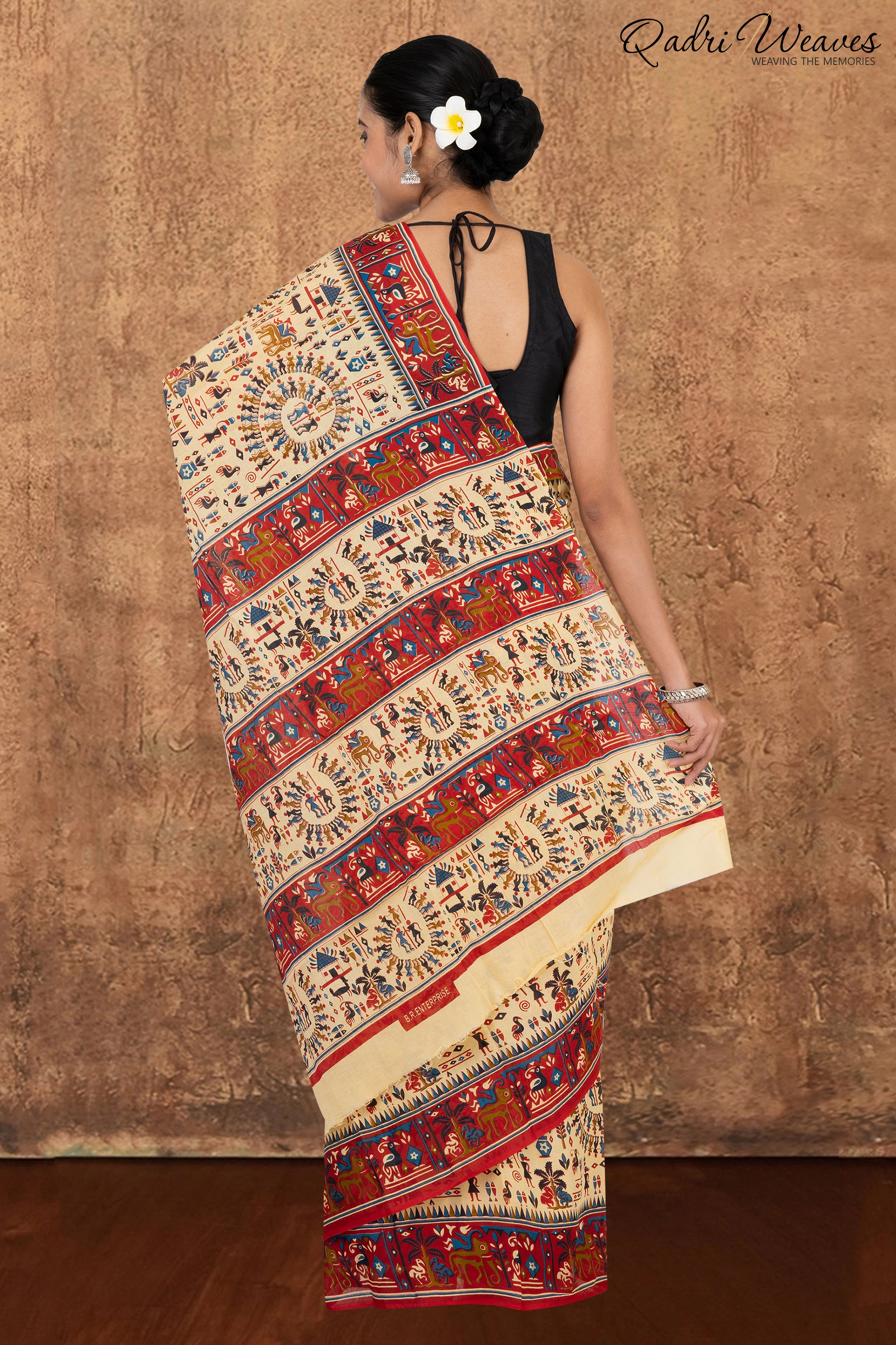 Printed Red & Ivory Ancient Civilizations Design Pure Mulmul Saree