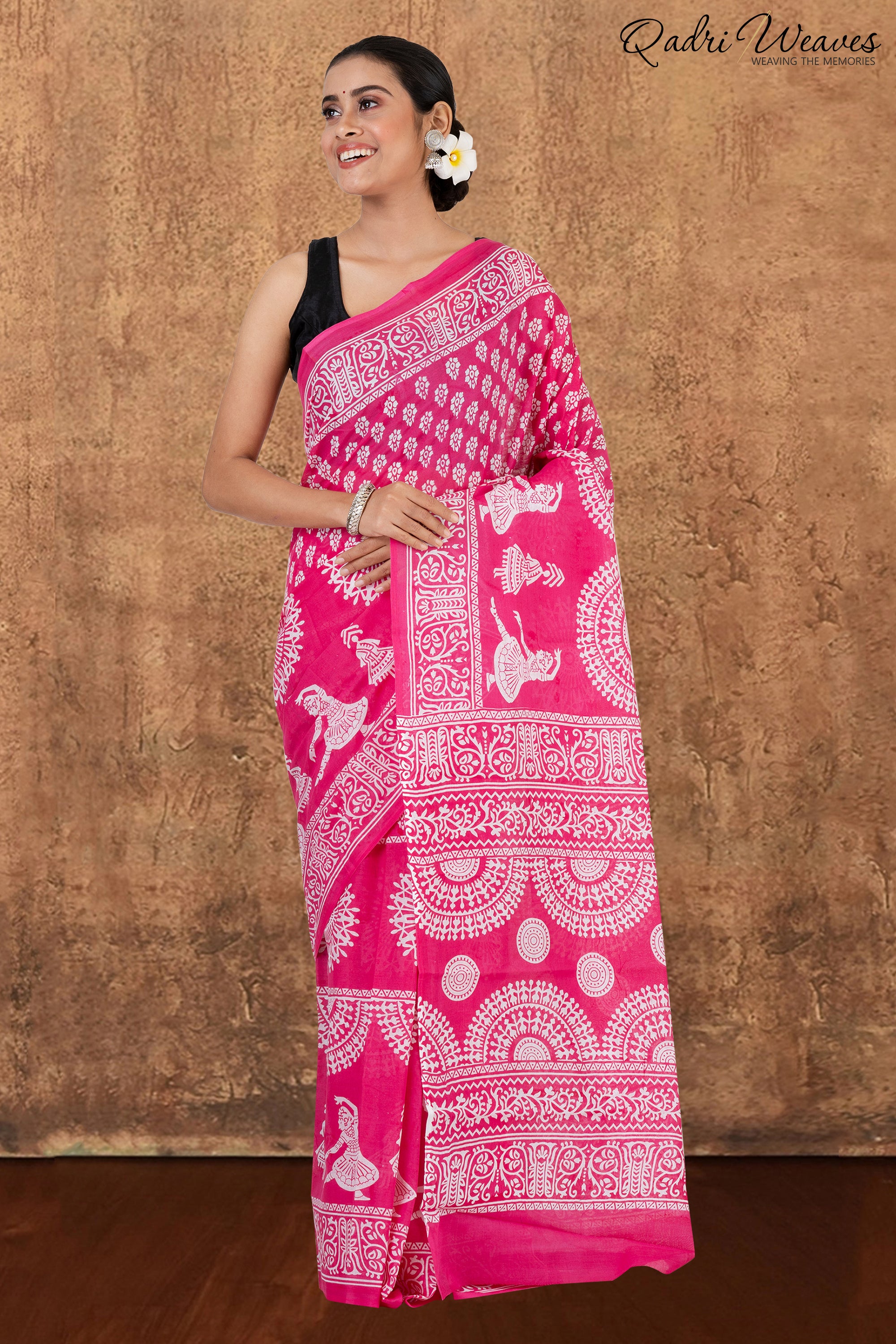 Printed Pink Classical Dance Design Pure Mulmul Saree