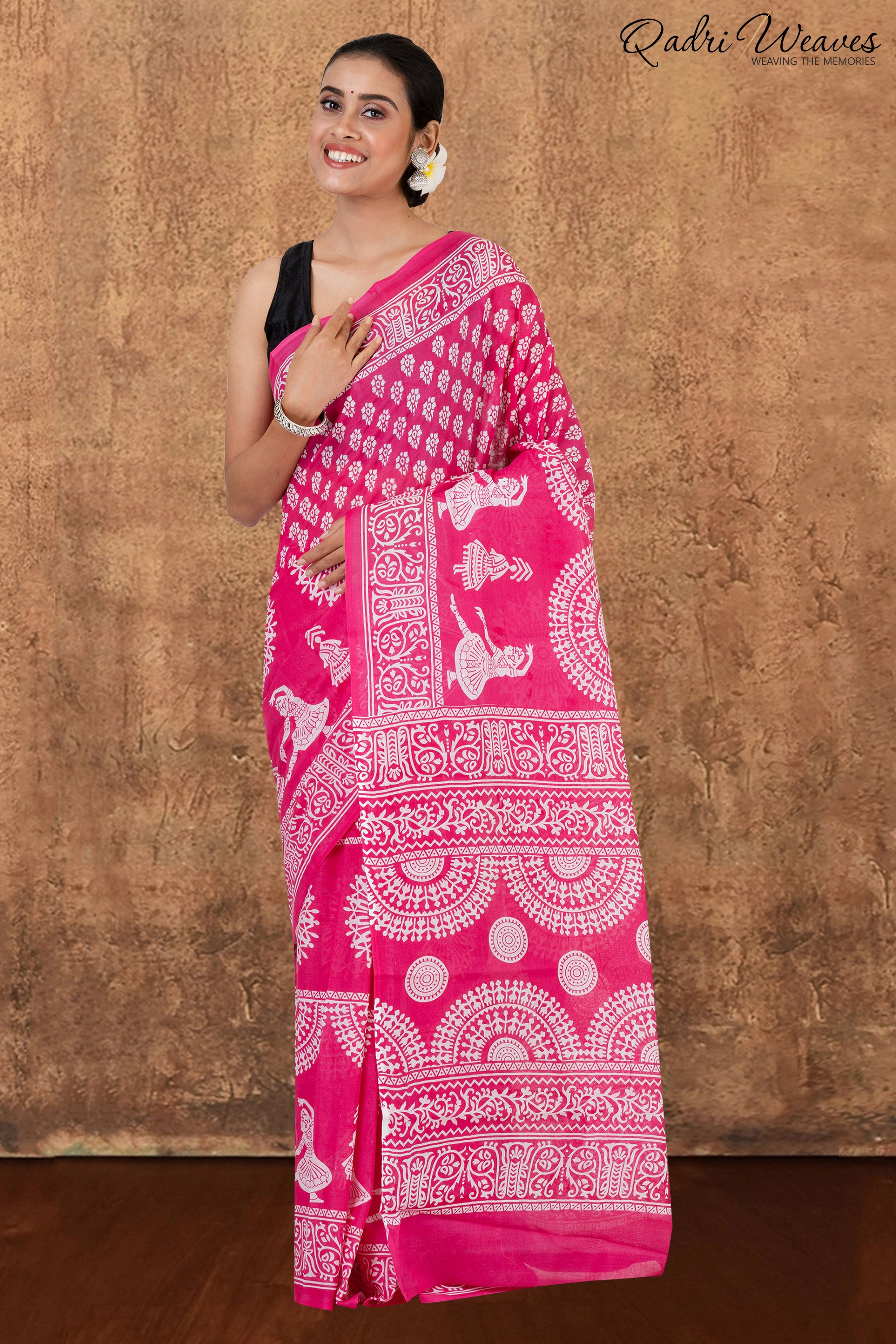 Printed Pink Classical Dance Design Pure Mulmul Saree