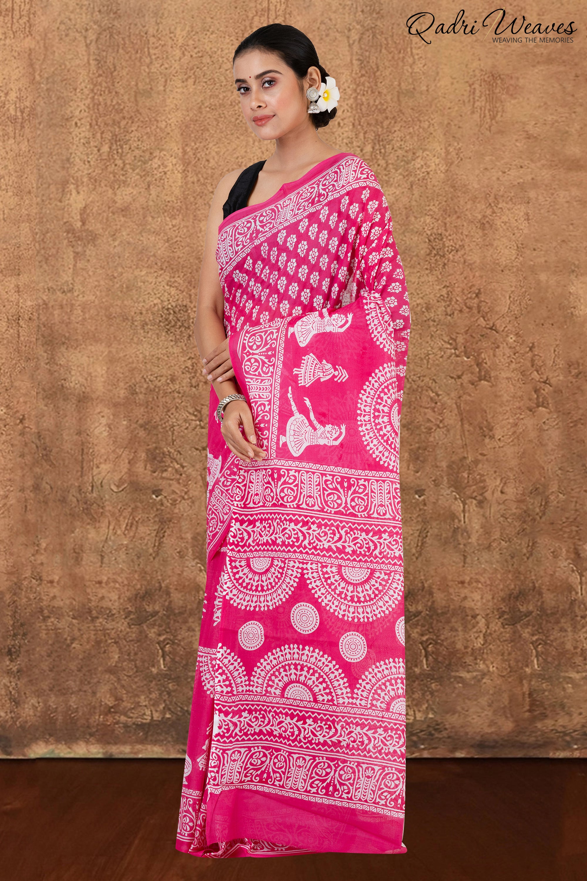 Printed Pink Classical Dance Design Pure Mulmul Saree