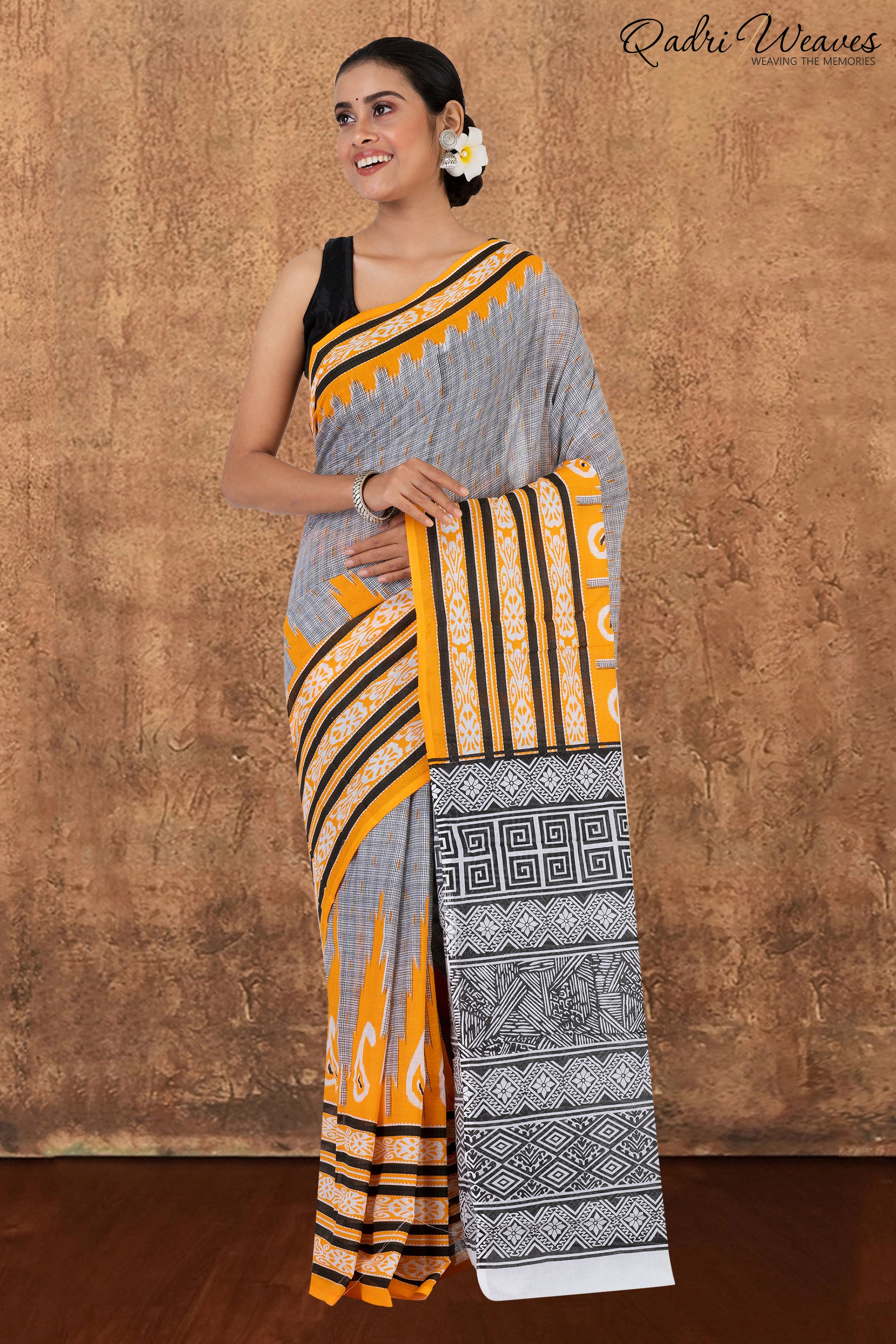 Printed Orange Ikat Design Pure Mulmul Saree