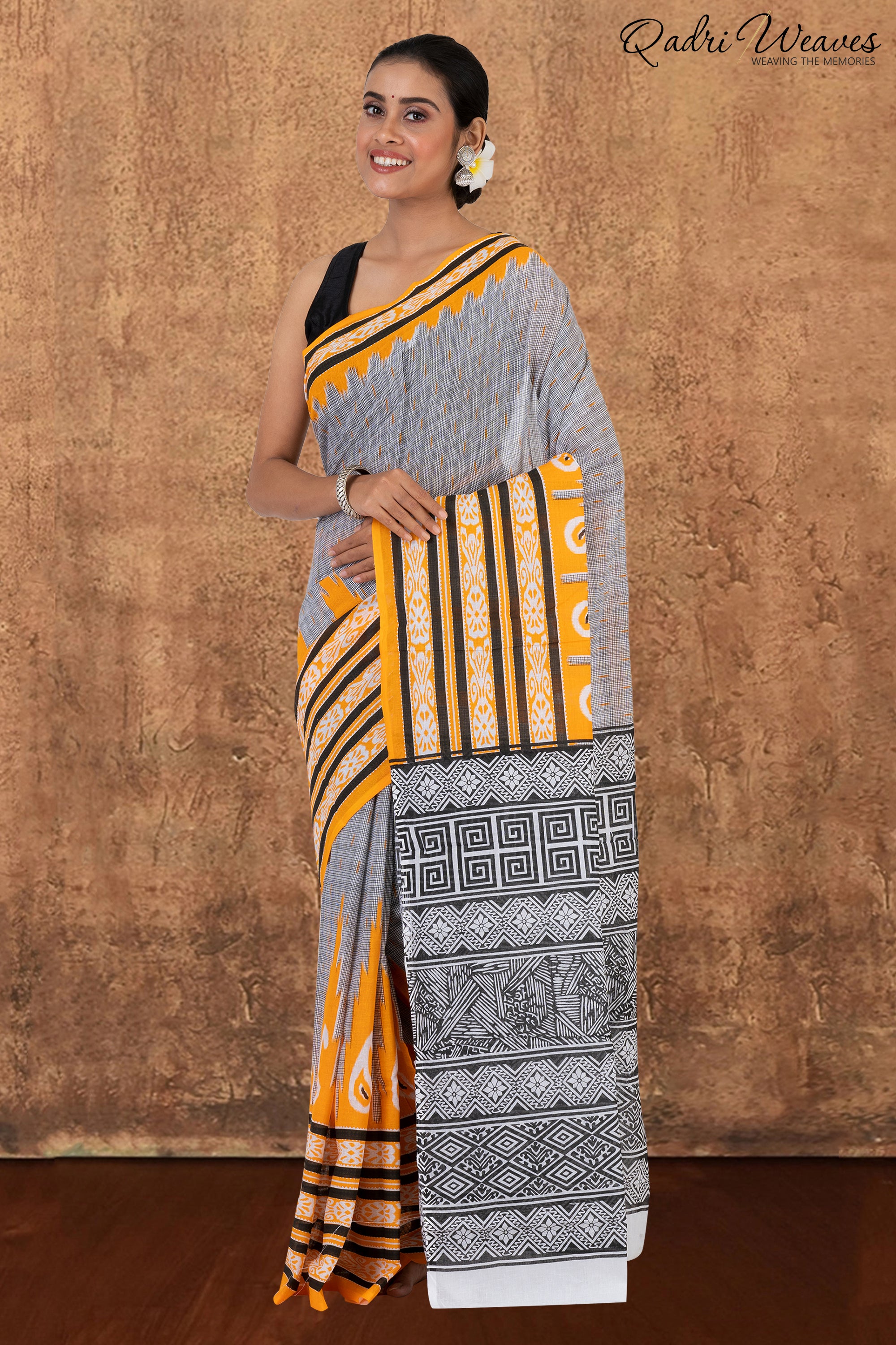 Printed Orange Ikat Design Pure Mulmul Saree