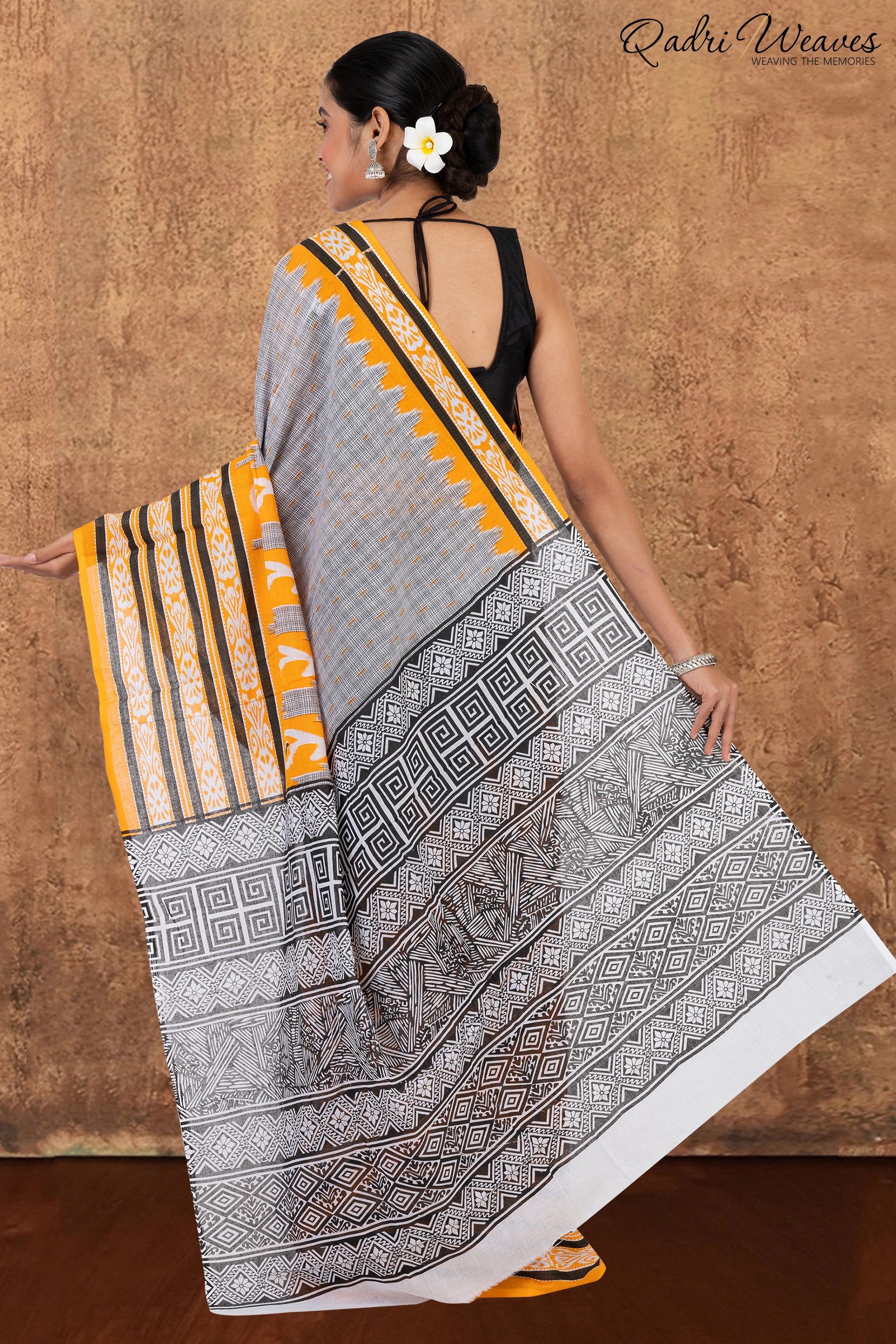 Printed Orange Ikat Design Pure Mulmul Saree