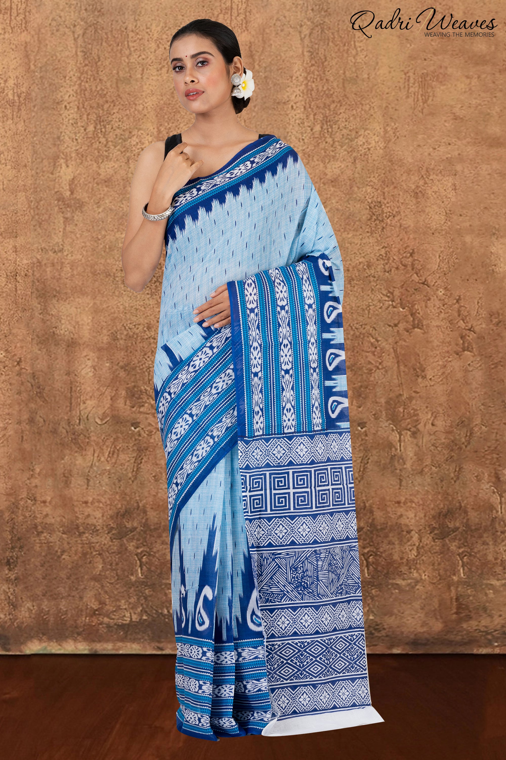 Printed Blue Ikat Design Pure Mulmul Saree