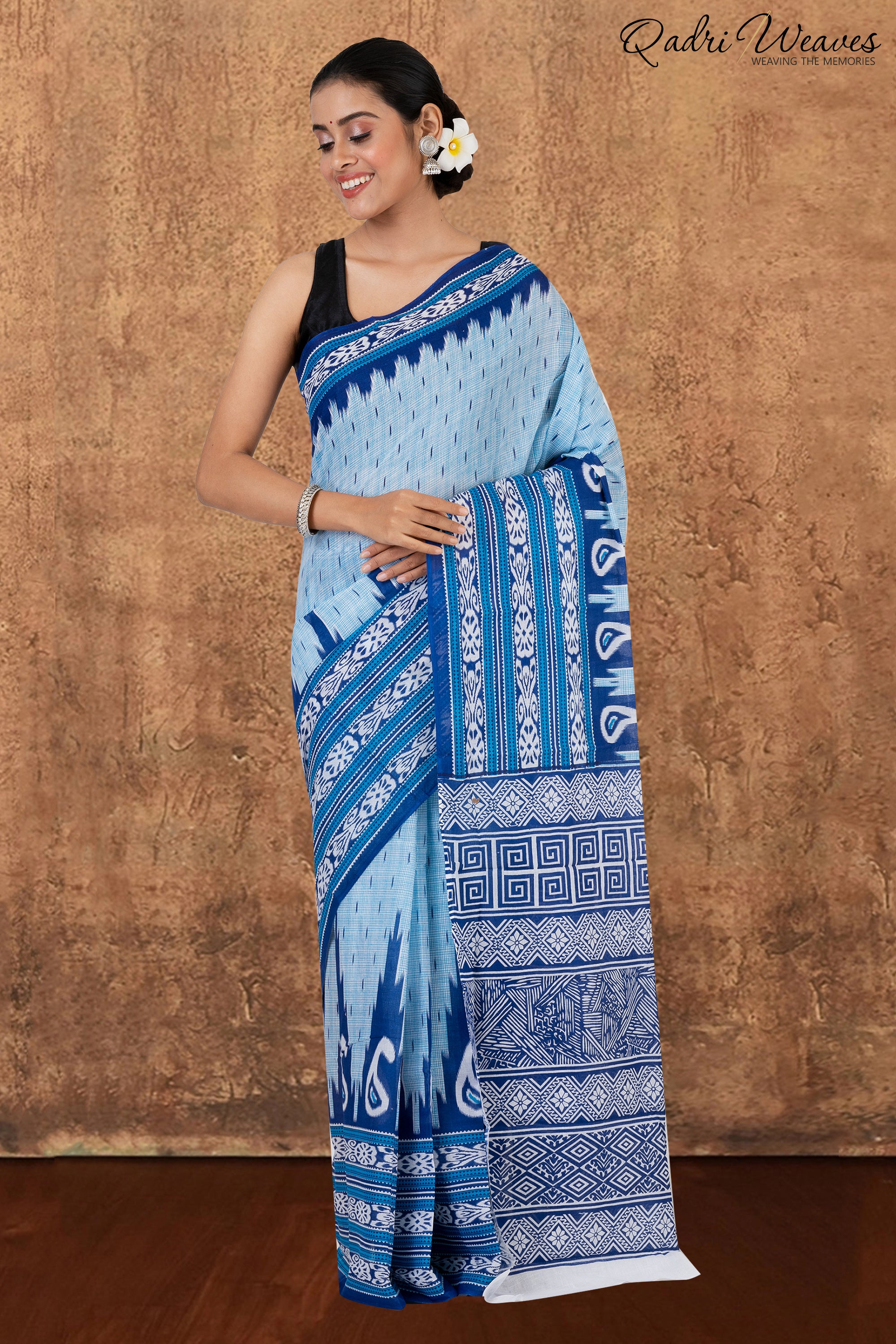 Printed Blue Ikat Design Pure Mulmul Saree