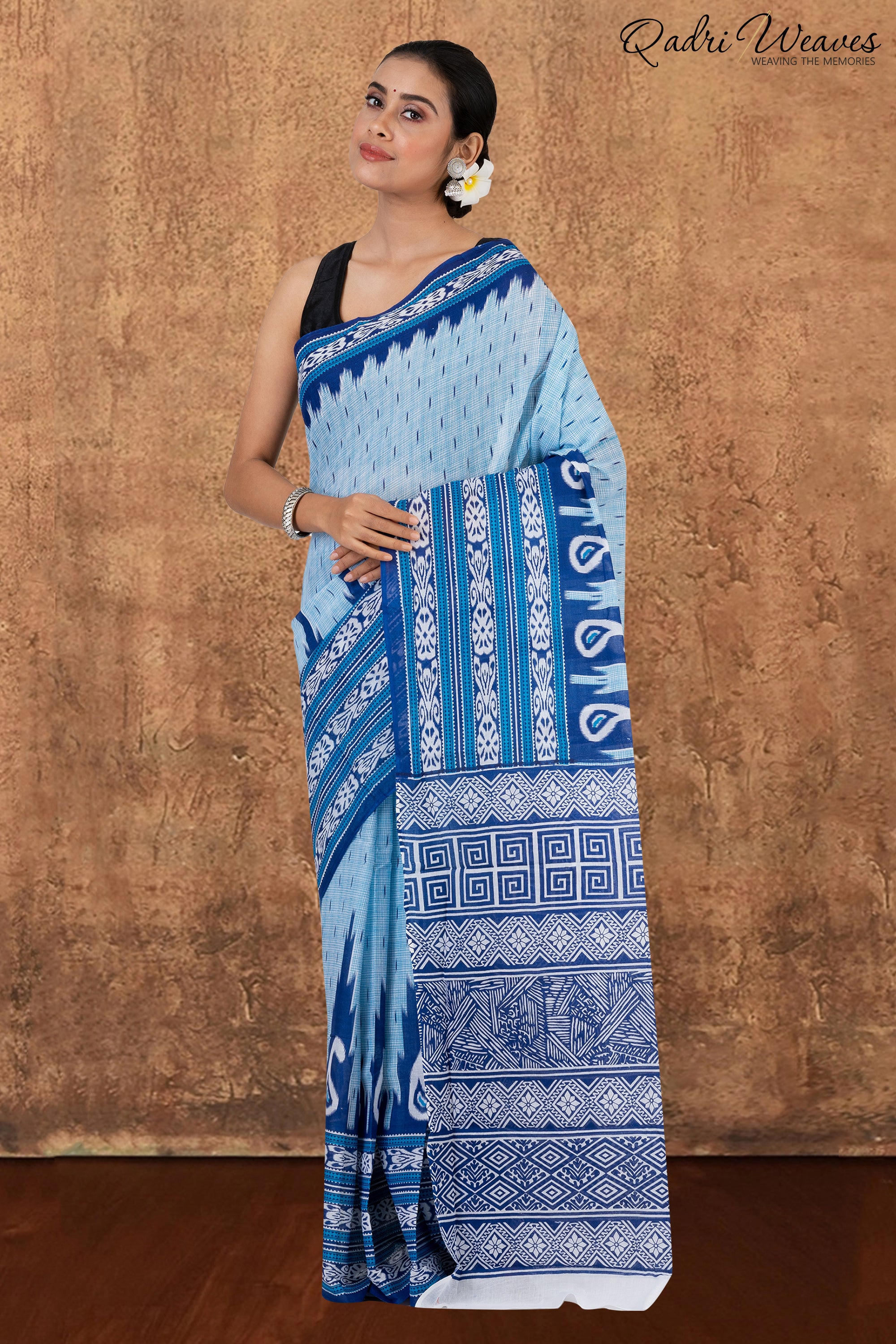 Printed Blue Ikat Design Pure Mulmul Saree