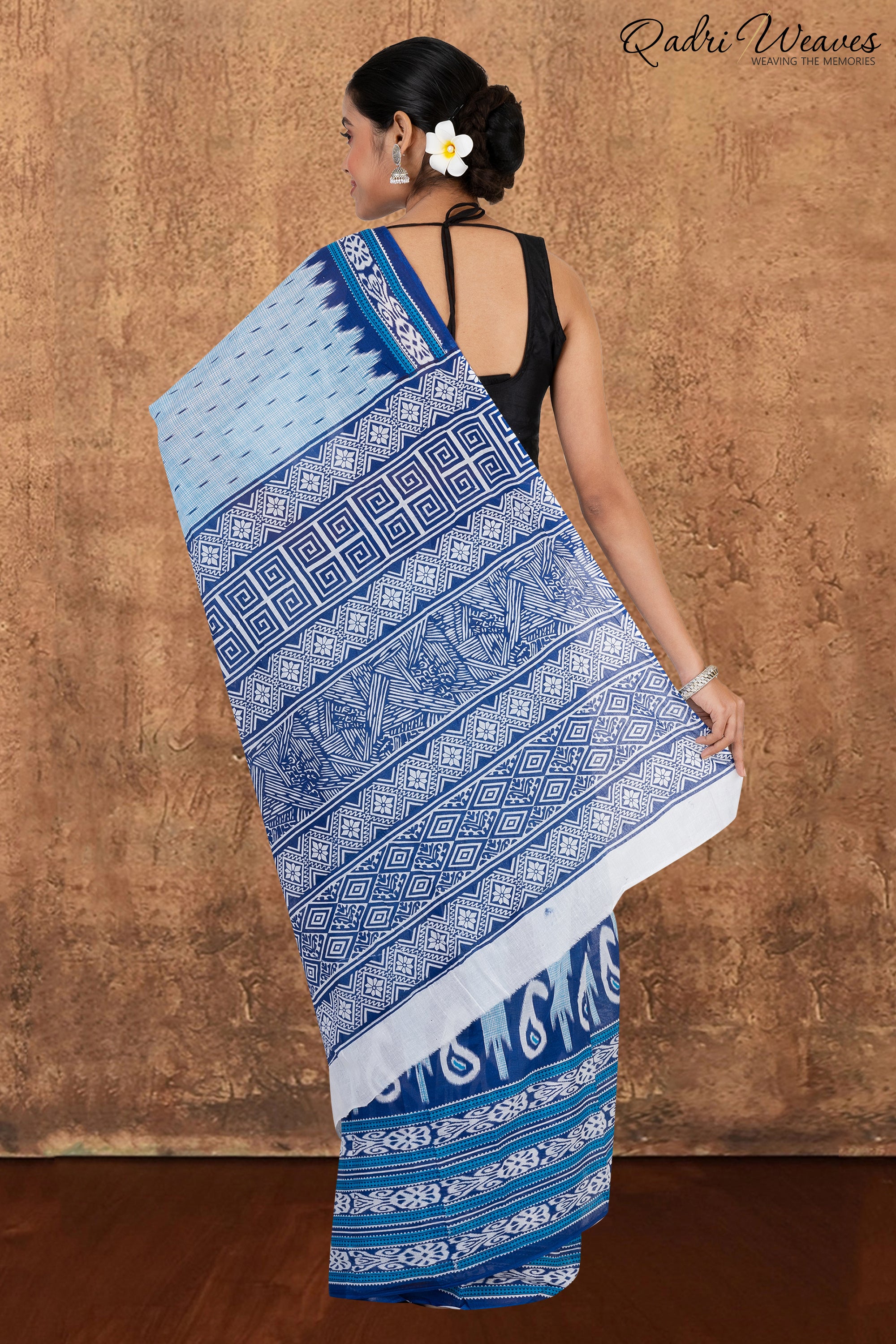 Printed Blue Ikat Design Pure Mulmul Saree