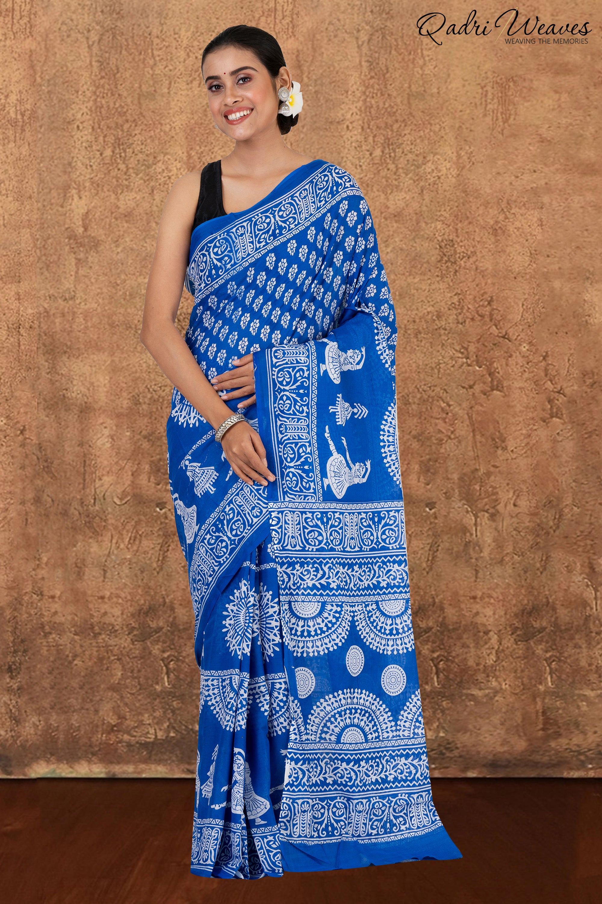 Printed Blue Classical Dance Design Pure Mulmul Saree