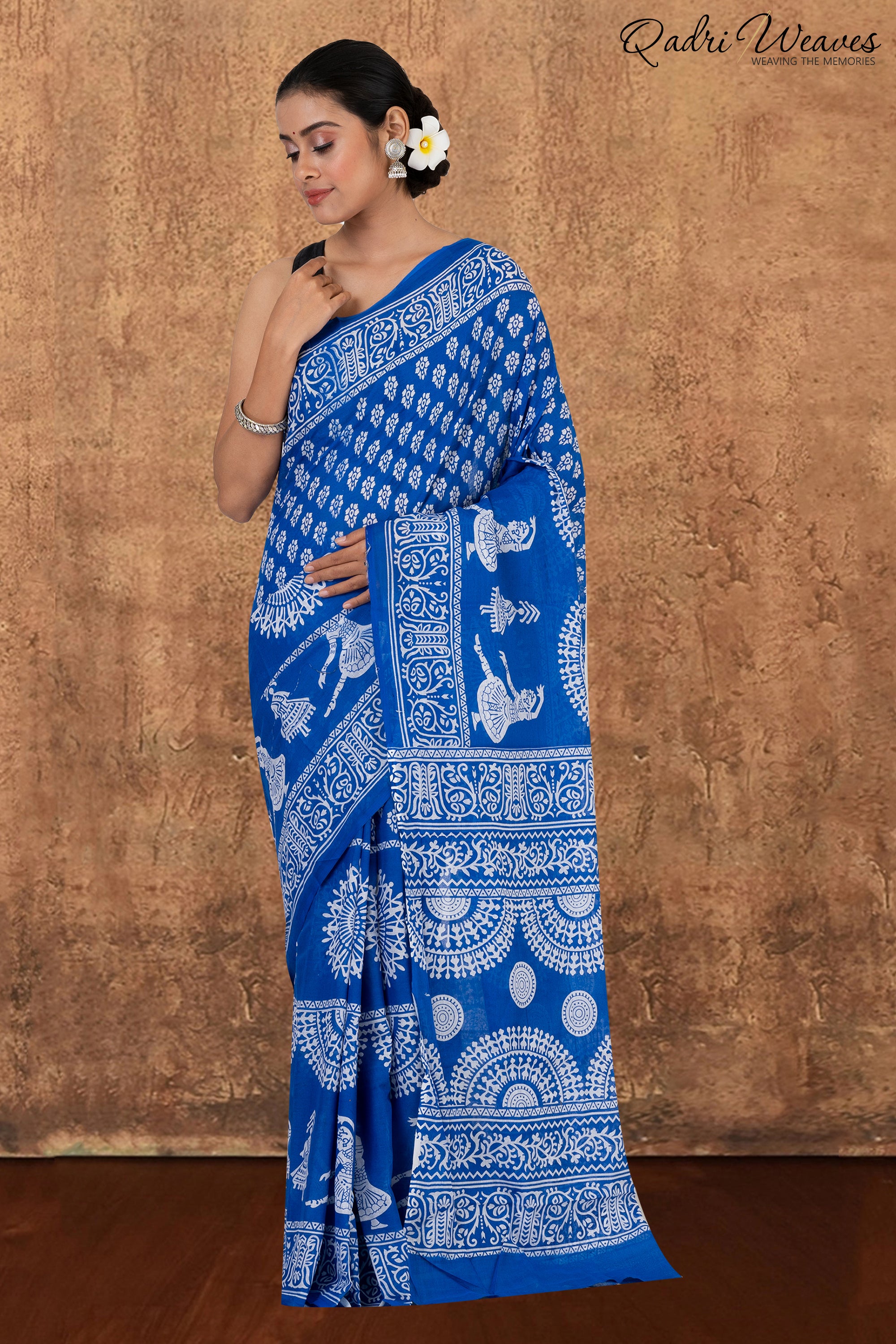 Printed Blue Classical Dance Design Pure Mulmul Saree