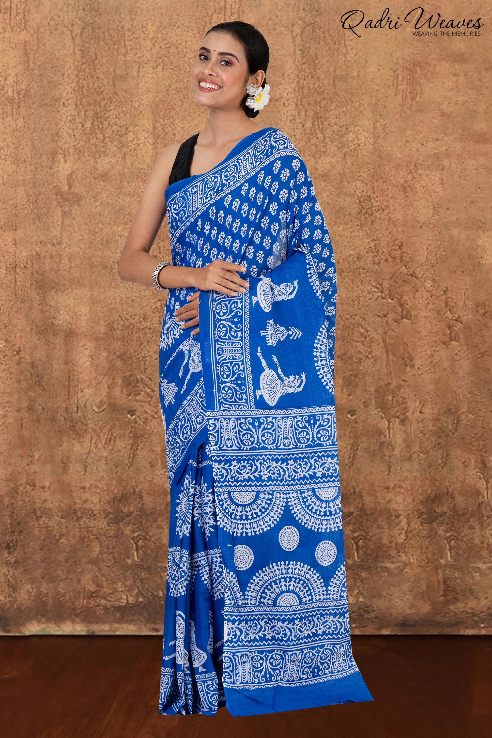 Printed Blue Classical Dance Design Pure Mulmul Saree