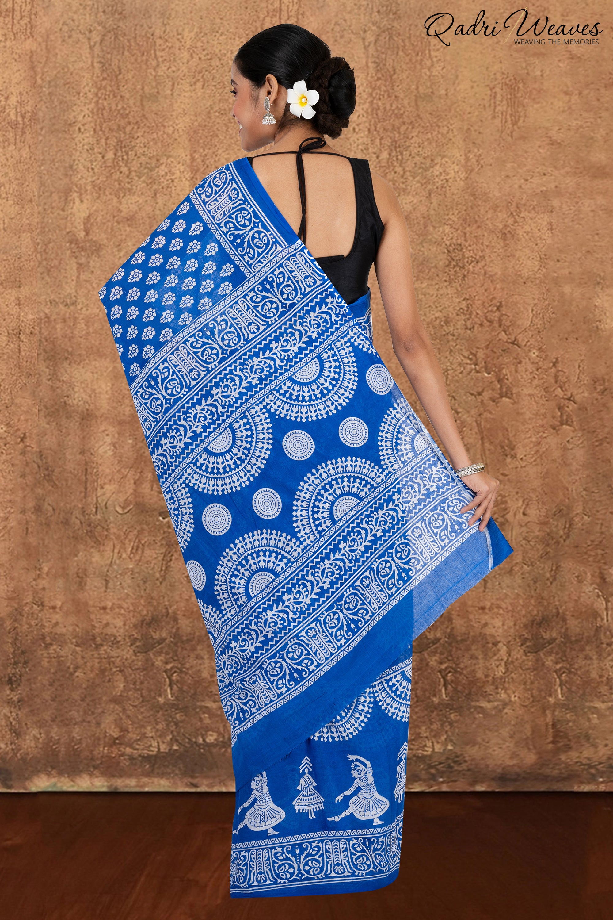 Printed Blue Classical Dance Design Pure Mulmul Saree