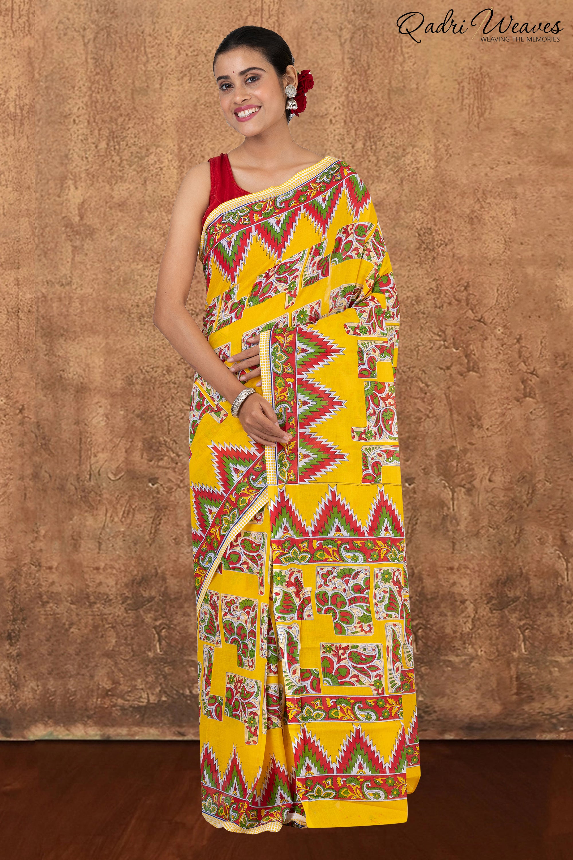 Printed Yellow Kalamkari Design Pure Mulmul Saree