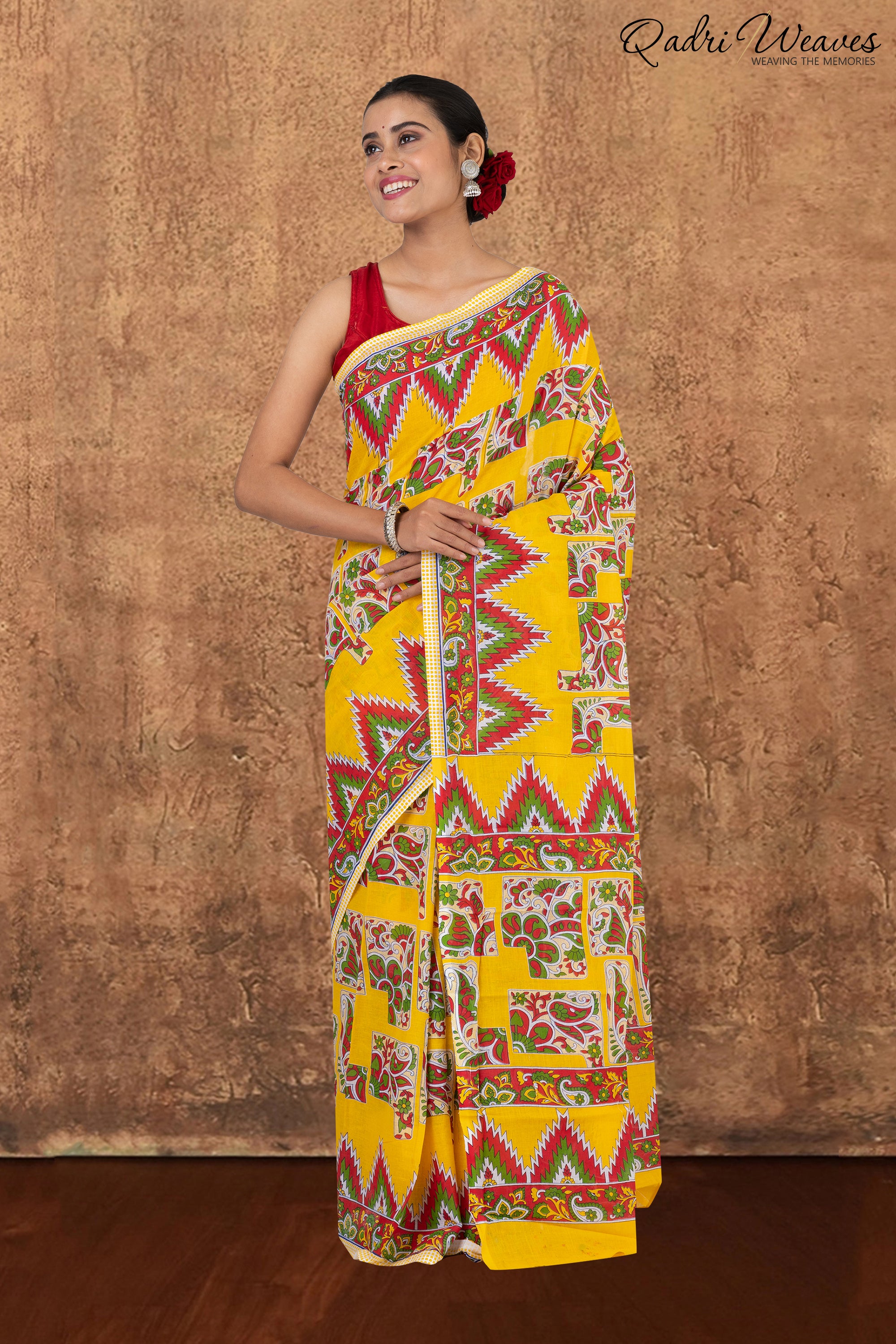 Printed Yellow Kalamkari Design Pure Mulmul Saree