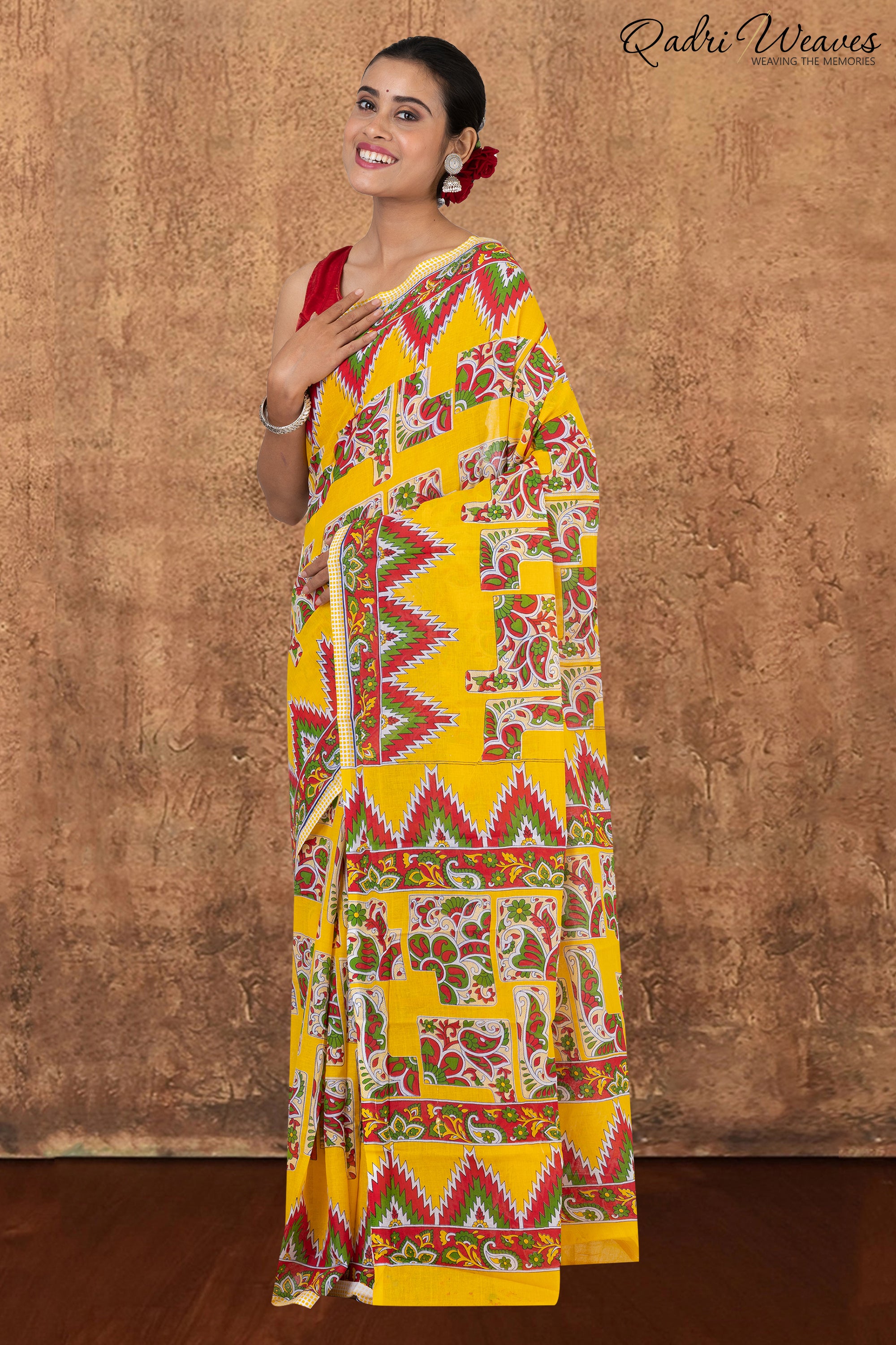 Printed Yellow Kalamkari Design Pure Mulmul Saree