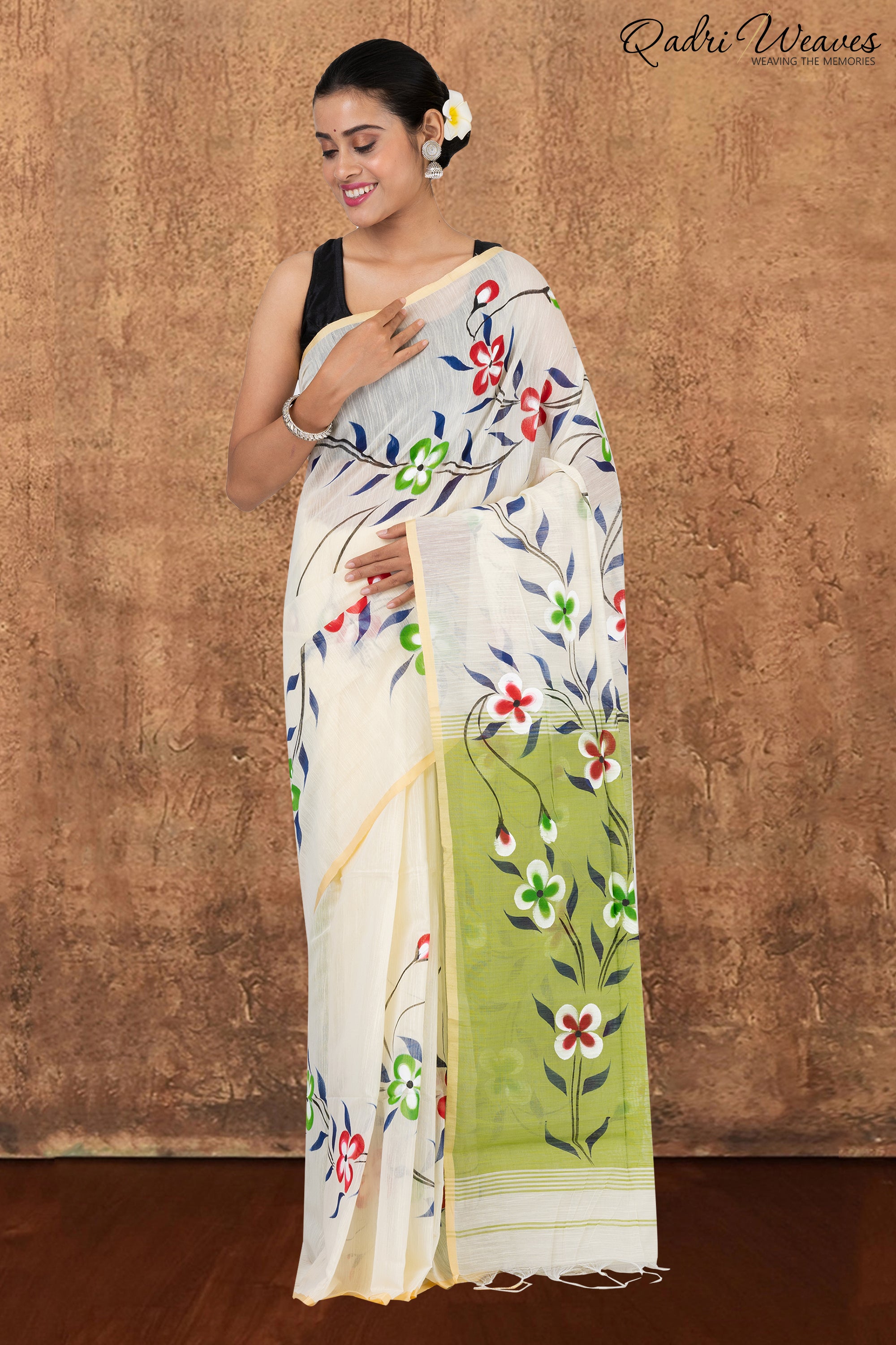 Printed Ivory & Pistachio Flower Design Slab Cotton Saree