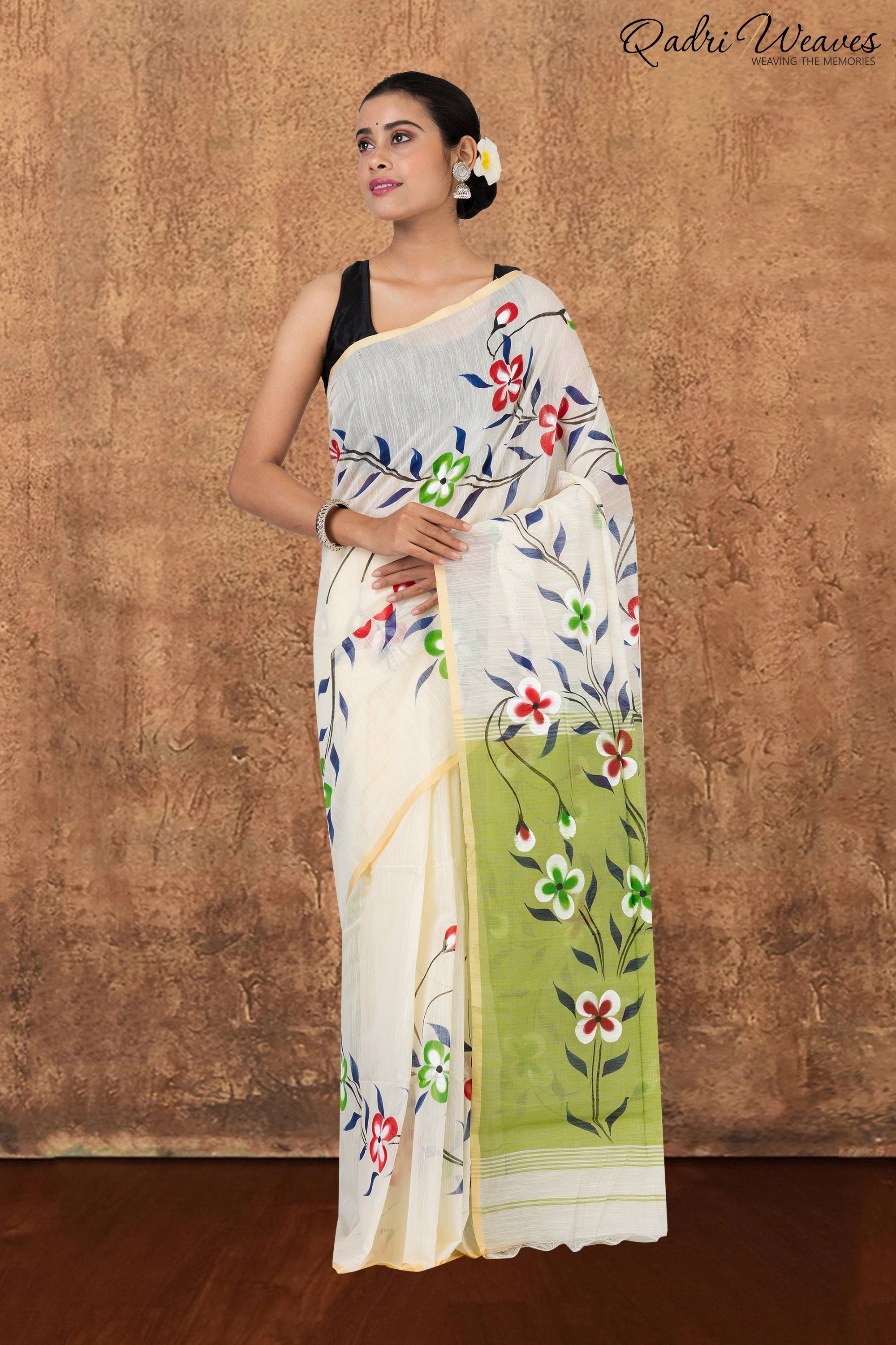 Printed Ivory & Pistachio Flower Design Slab Cotton Saree