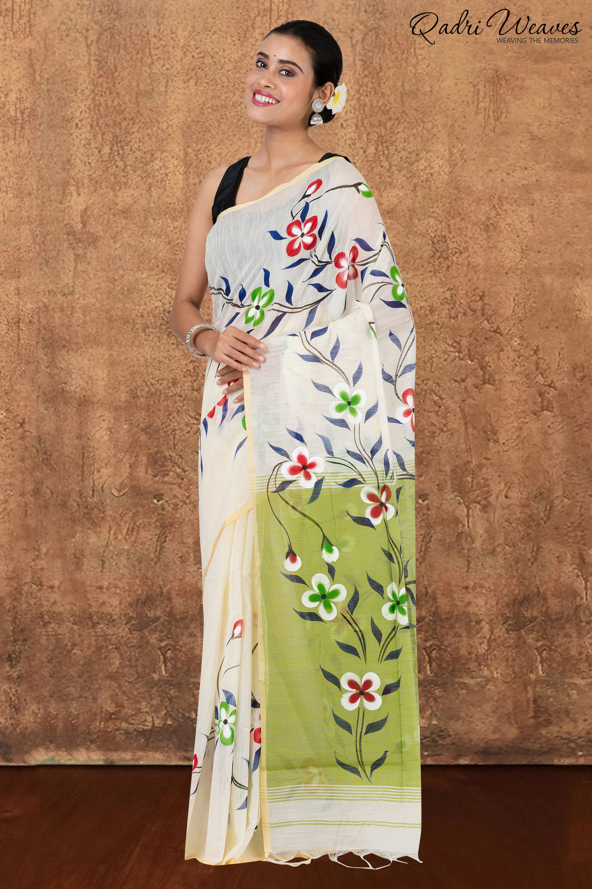 Printed Ivory & Pistachio Flower Design Slab Cotton Saree