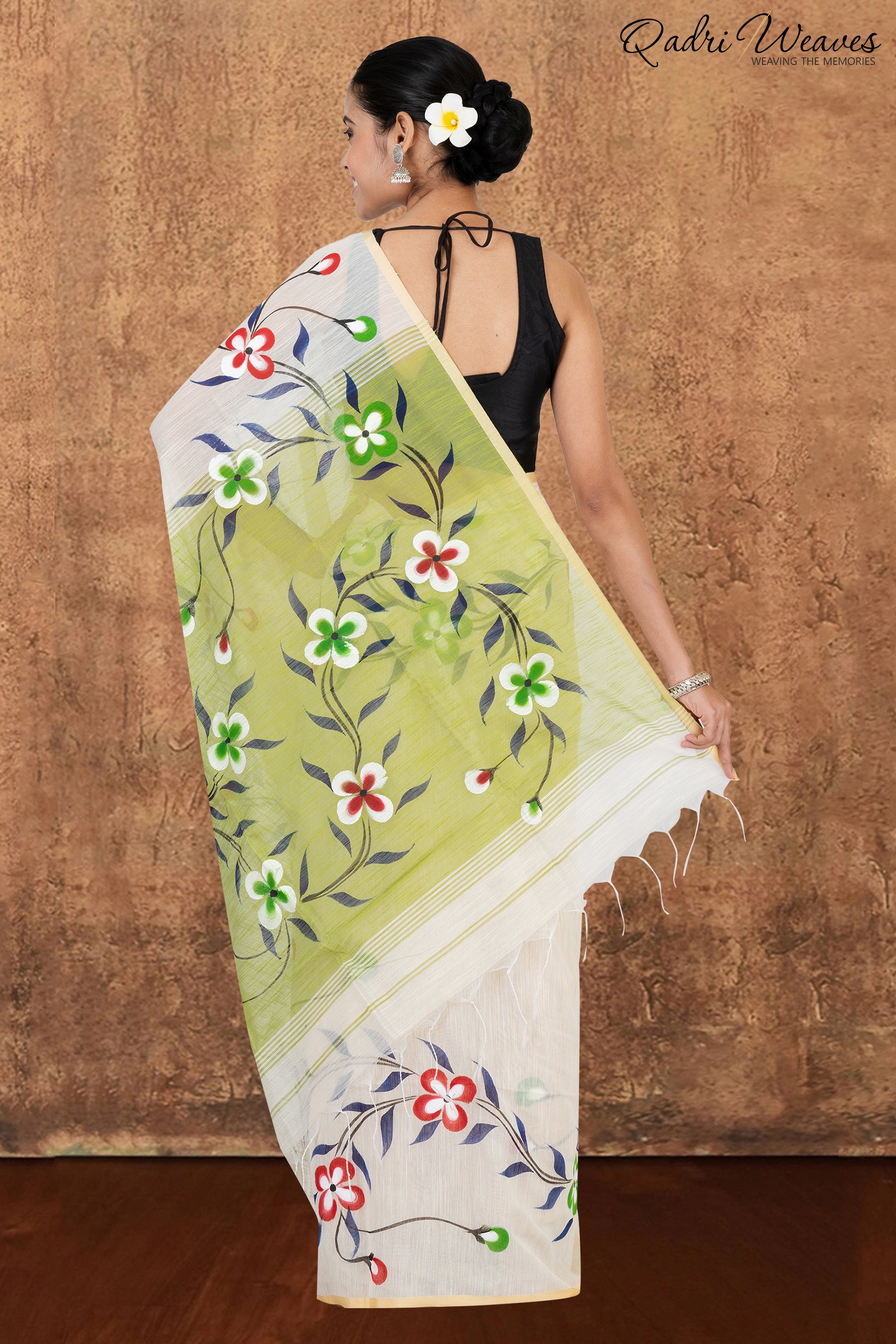 Printed Ivory & Pistachio Flower Design Slab Cotton Saree