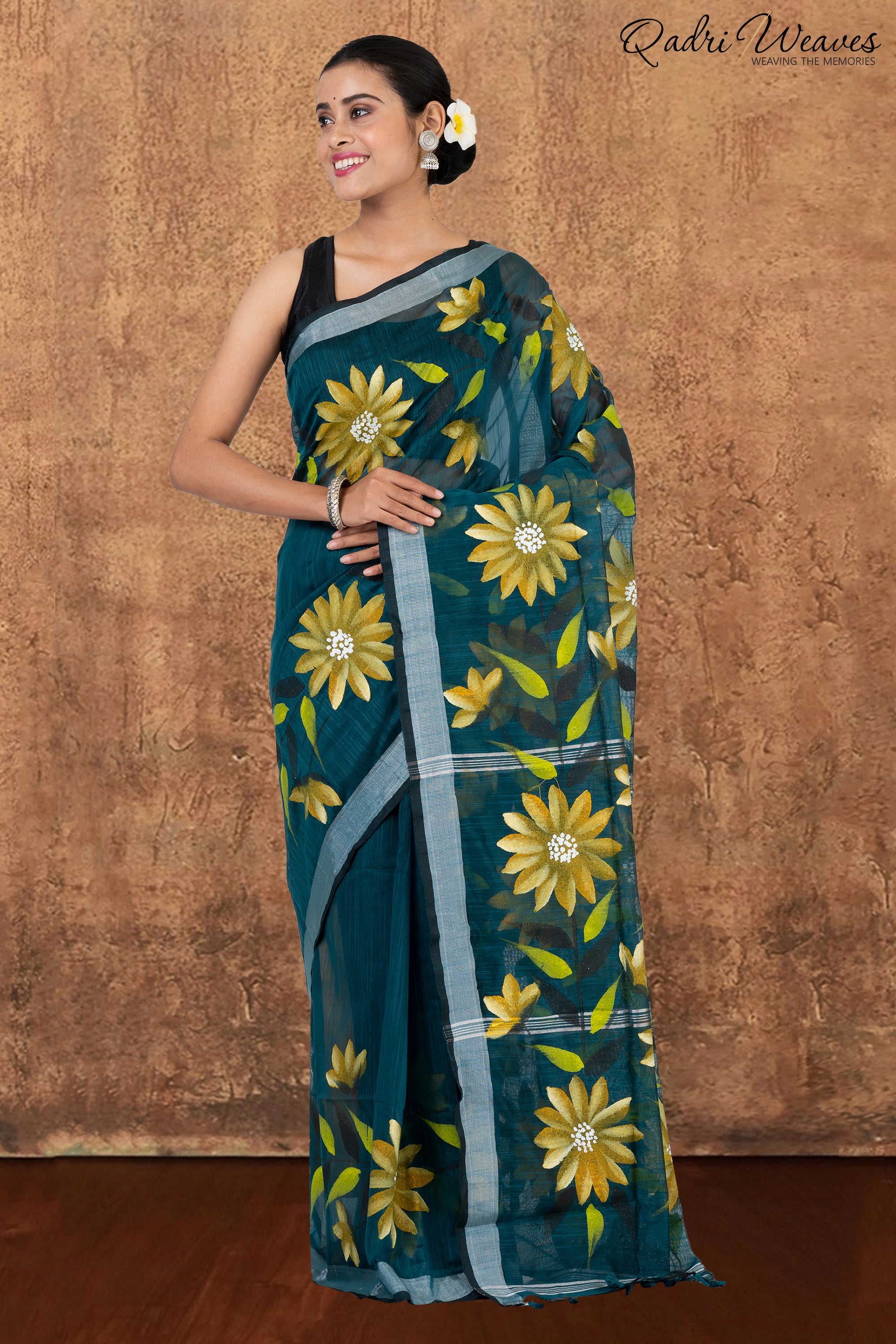 Printed Dark Green Flower Design Cotton Silk Saree