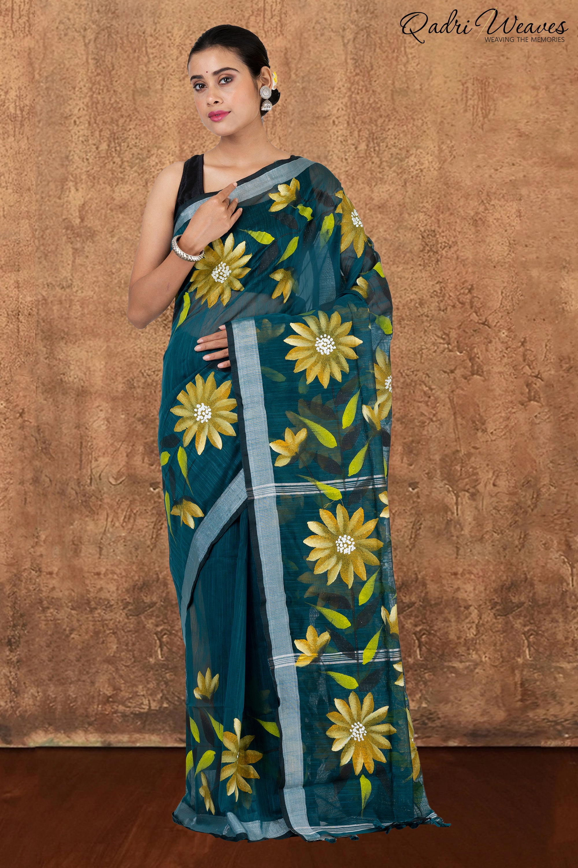 Printed Dark Green Flower Design Cotton Silk Saree