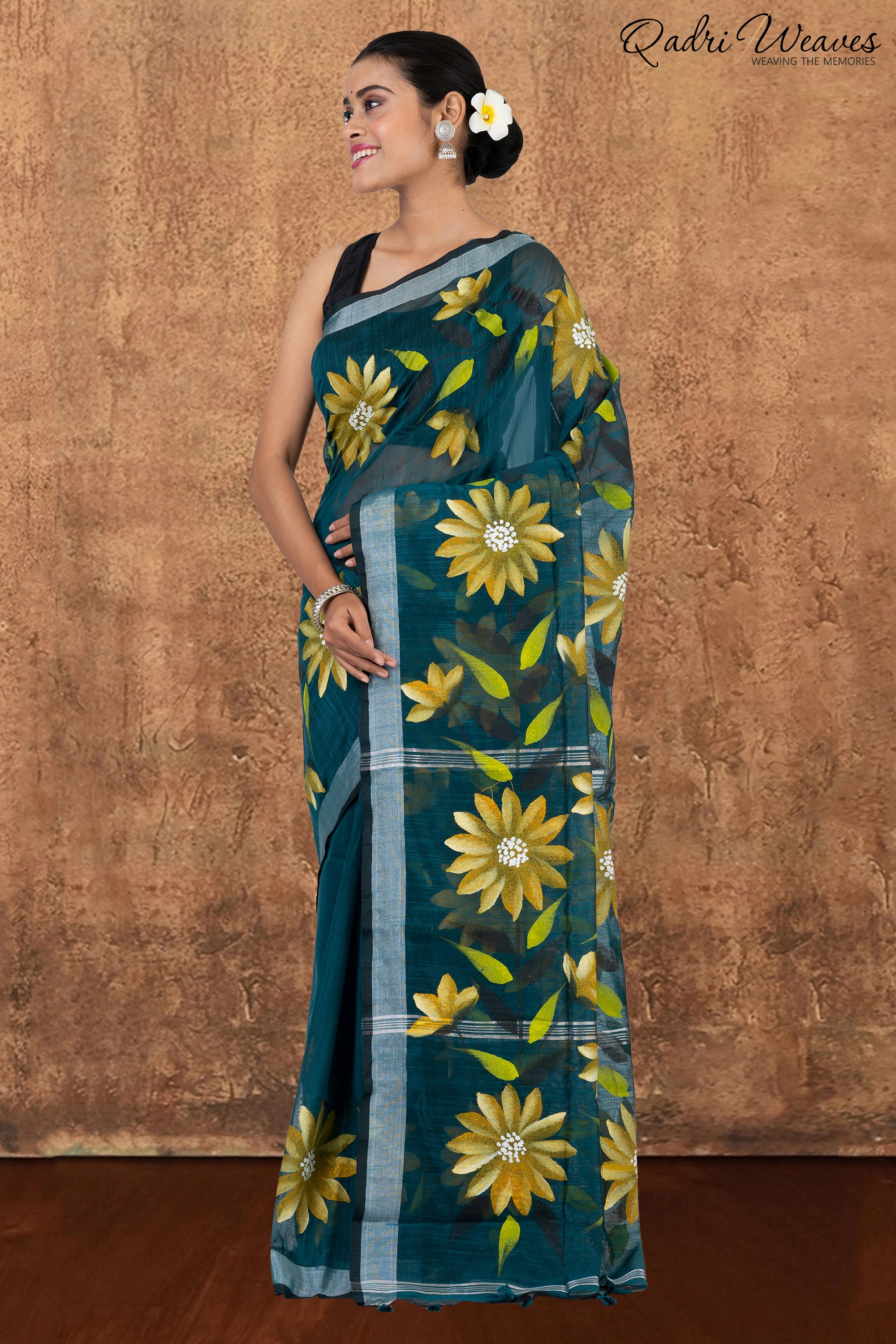 Printed Dark Green Flower Design Cotton Silk Saree