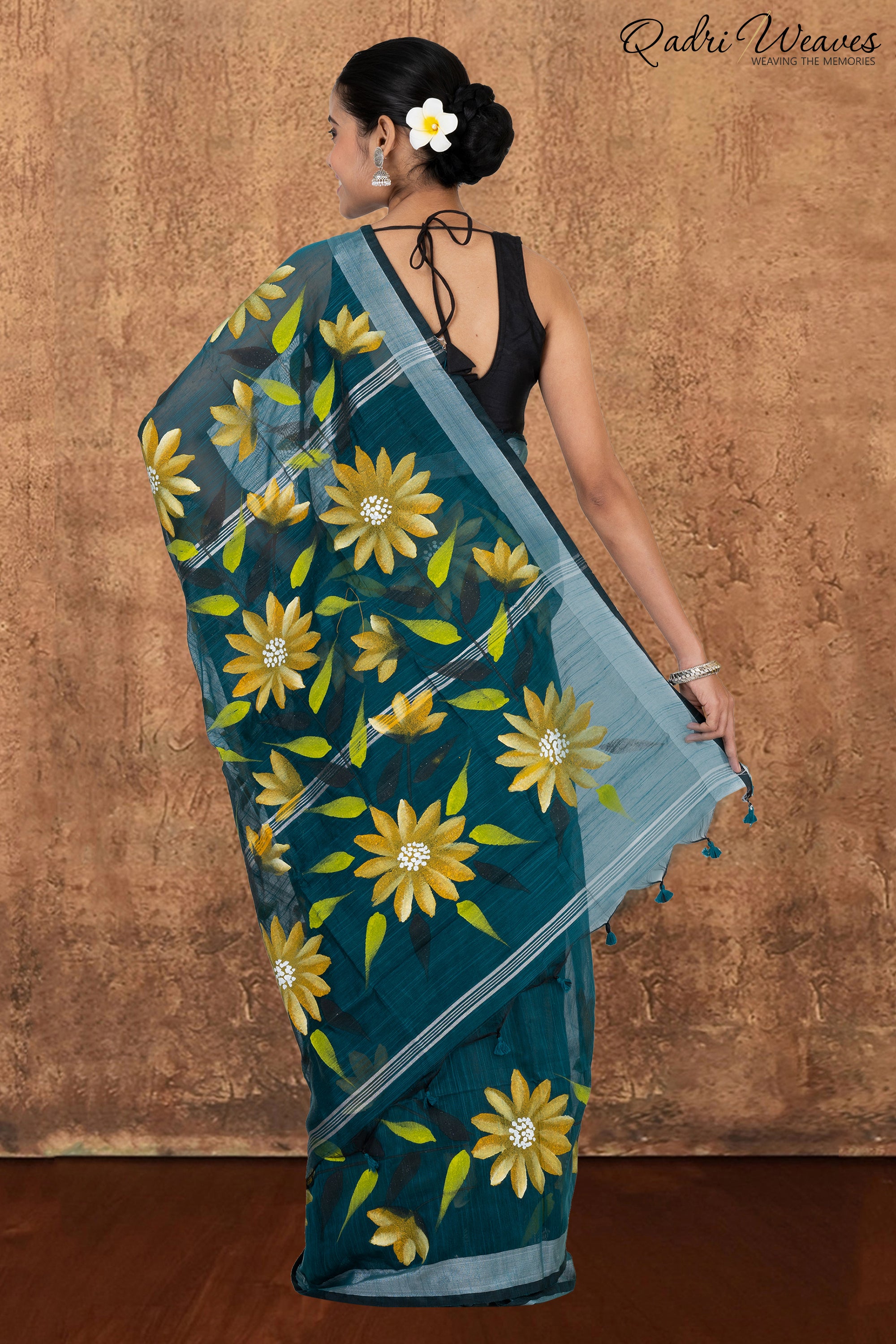 Printed Dark Green Flower Design Cotton Silk Saree