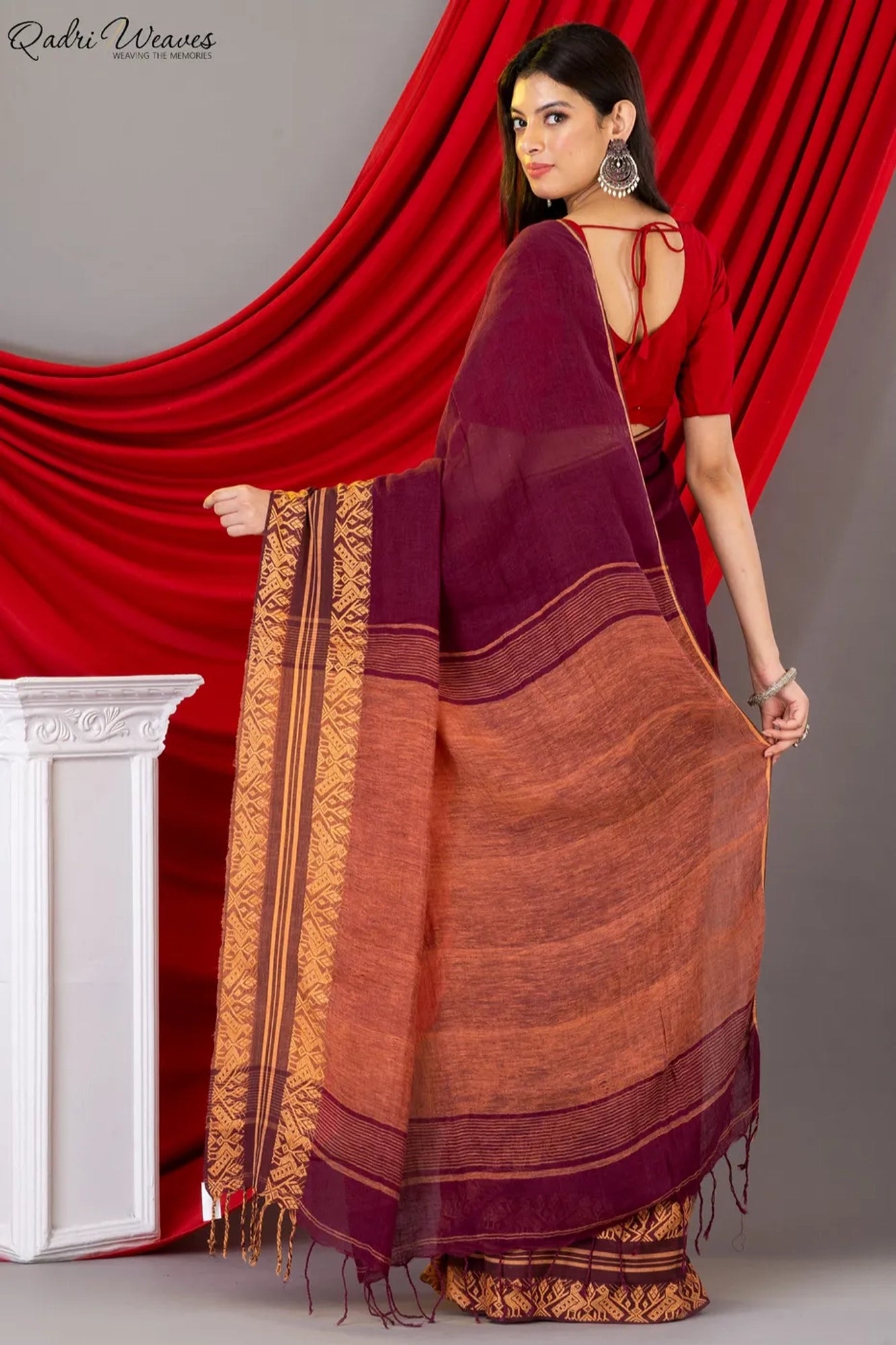 Handloom Wine Pure Linen Saree