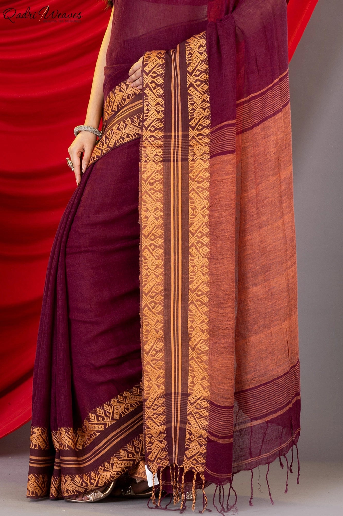 Handloom Wine Pure Linen Saree