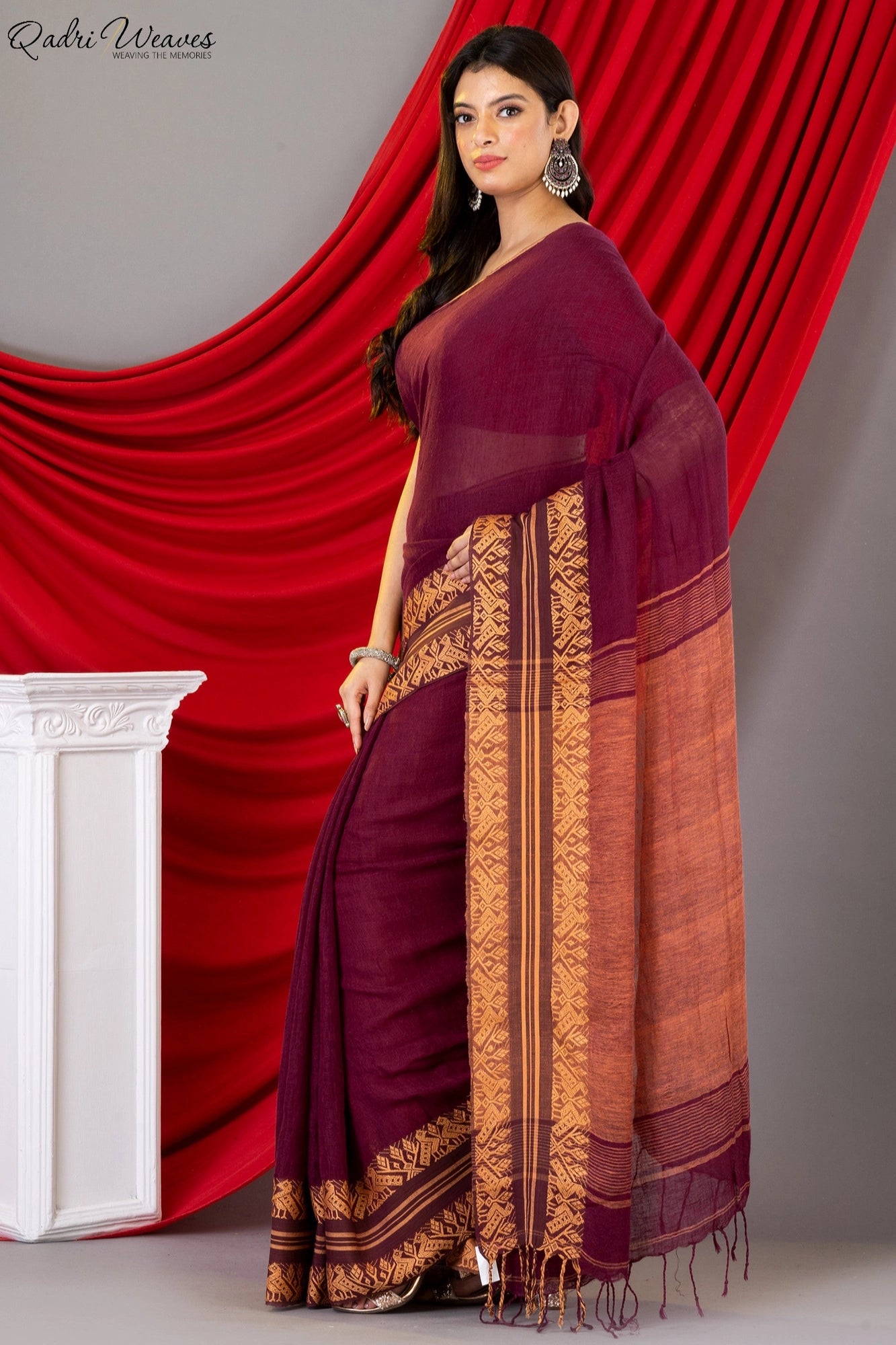 Handloom Wine Pure Linen Saree