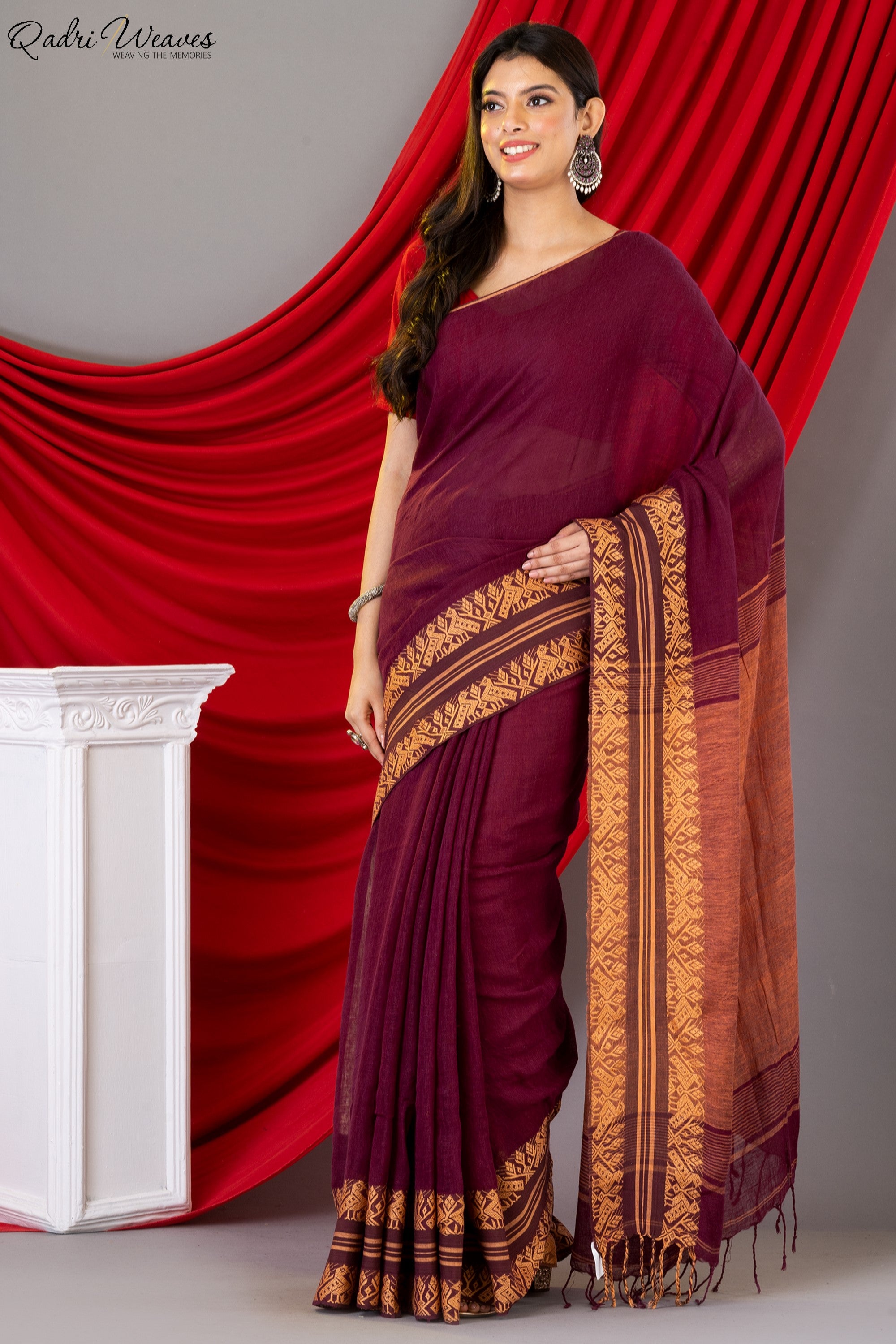 Handloom Wine Pure Linen Saree