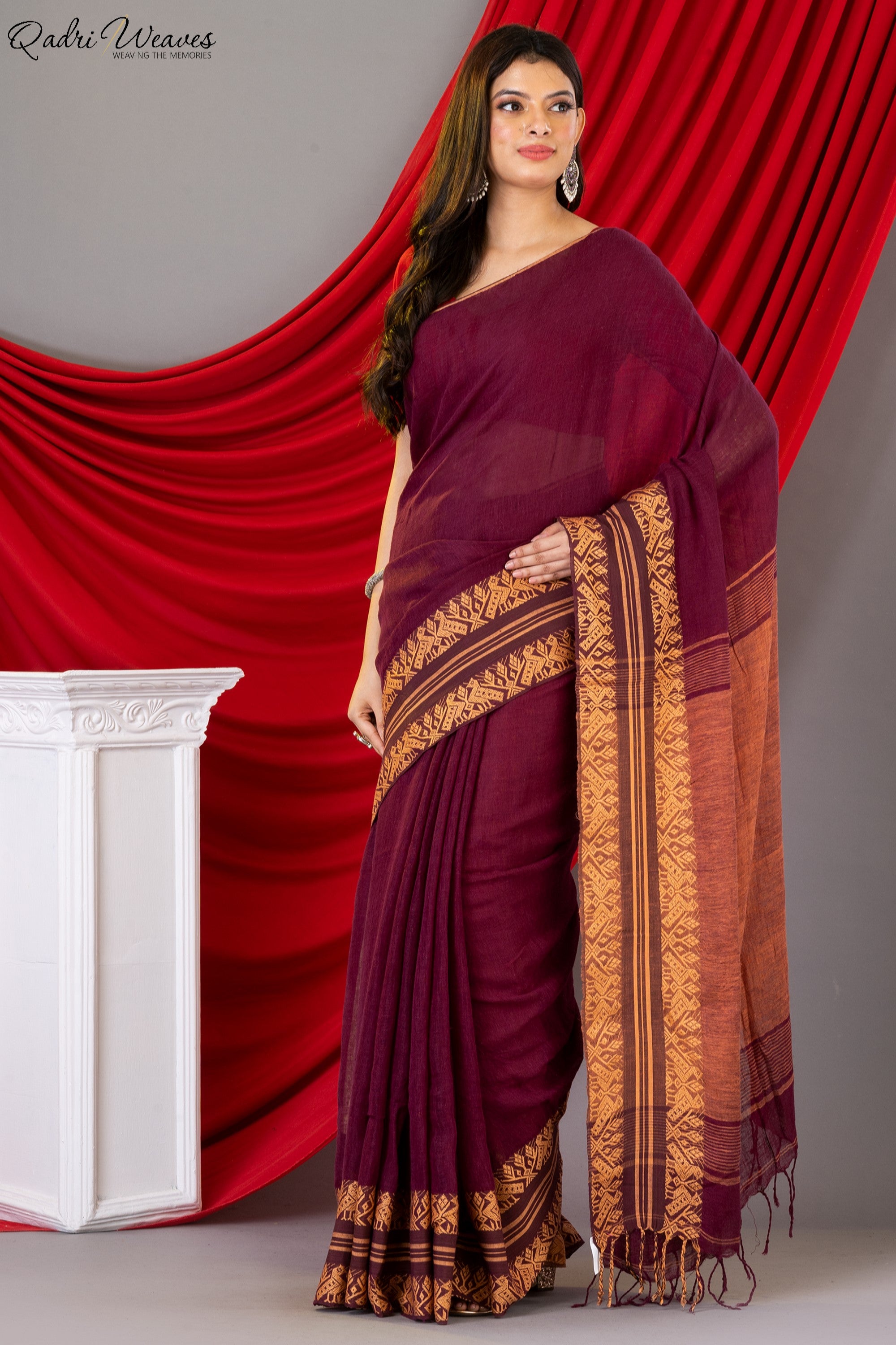 Handloom Wine Pure Linen Saree