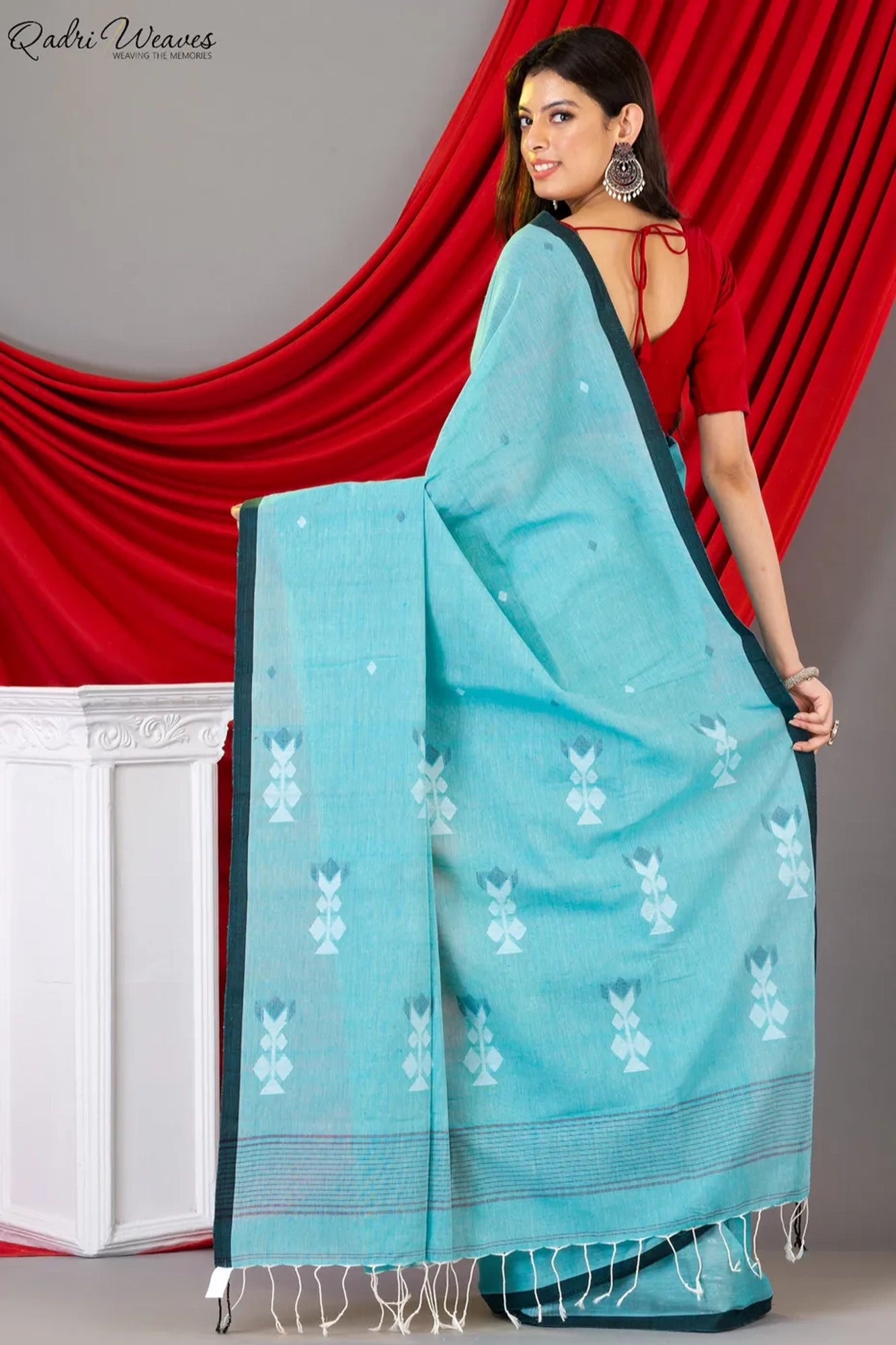 Handloom Sky blue Pure Handspun Khadi Cotton Tangail Saree