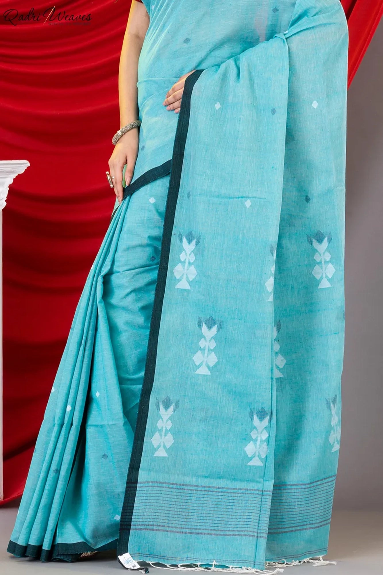 Handloom Sky blue Pure Handspun Khadi Cotton Tangail Saree