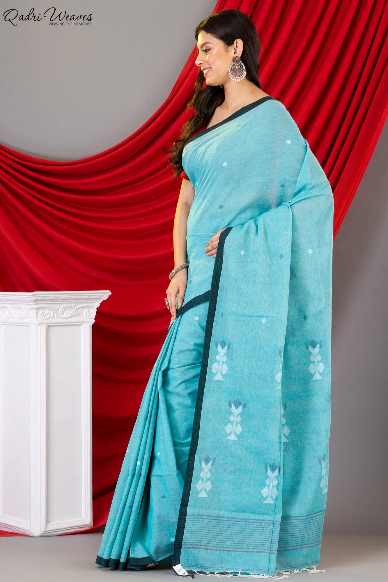 Handloom Sky blue Pure Handspun Khadi Cotton Tangail Saree