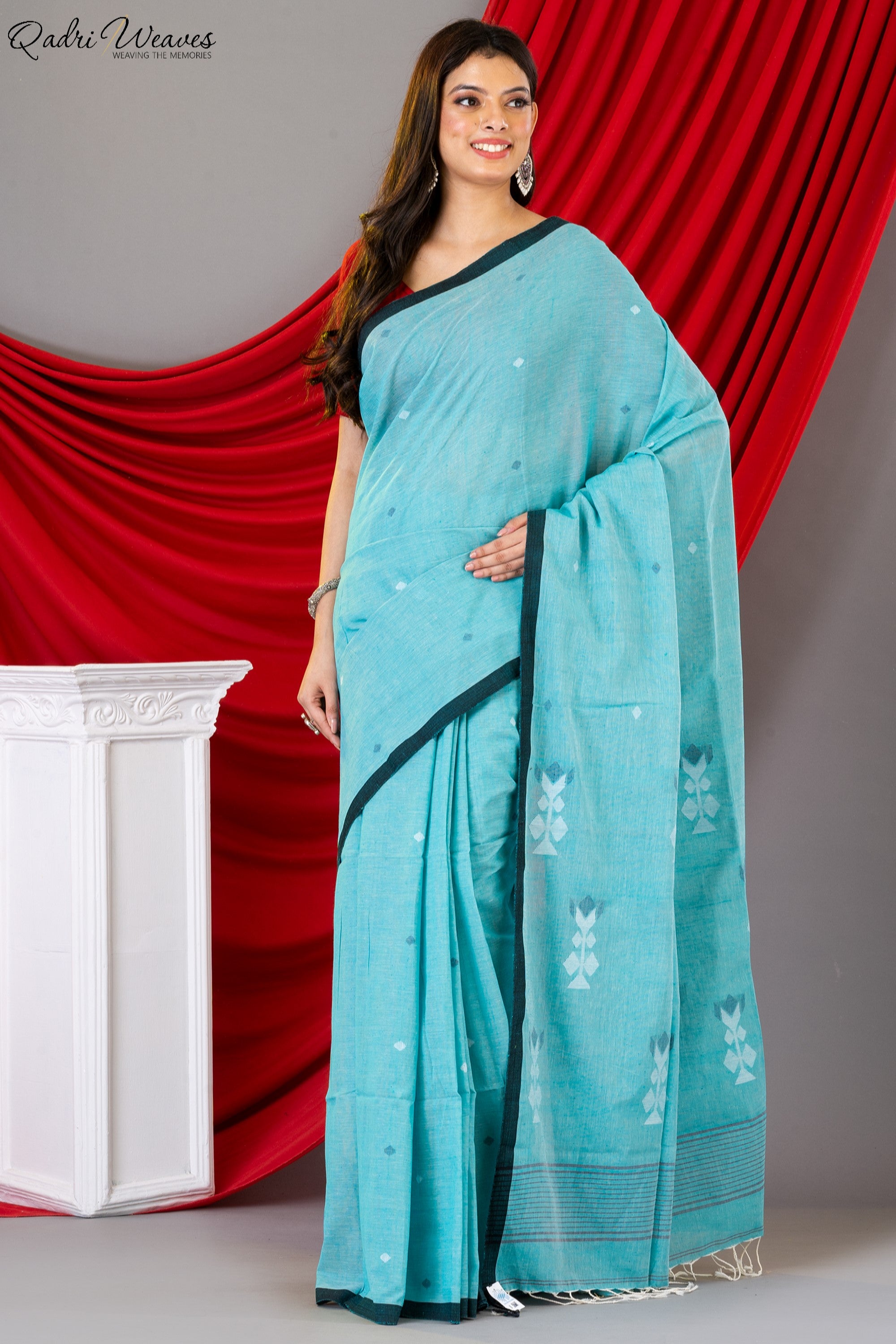 Handloom Sky blue Pure Handspun Khadi Cotton Tangail Saree