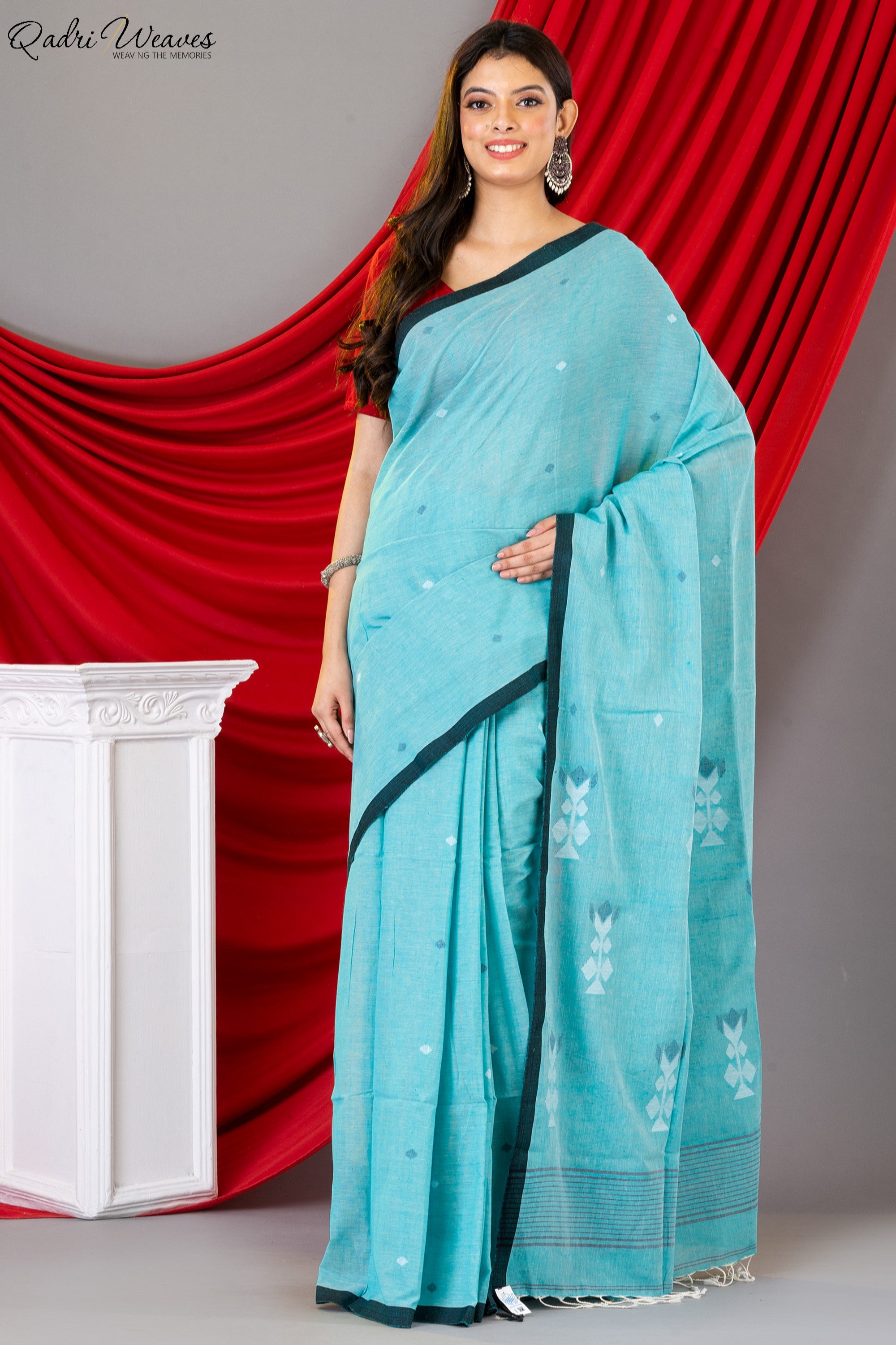 Handloom Sky blue Pure Handspun Khadi Cotton Tangail Saree