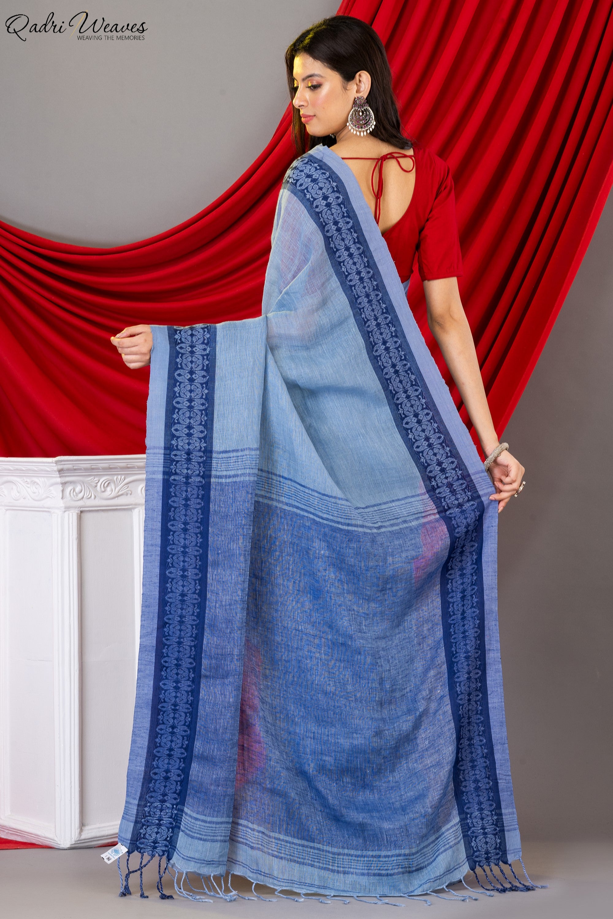 Handloom Light Blue Grey Intricate Thick Border Work Linen Saree