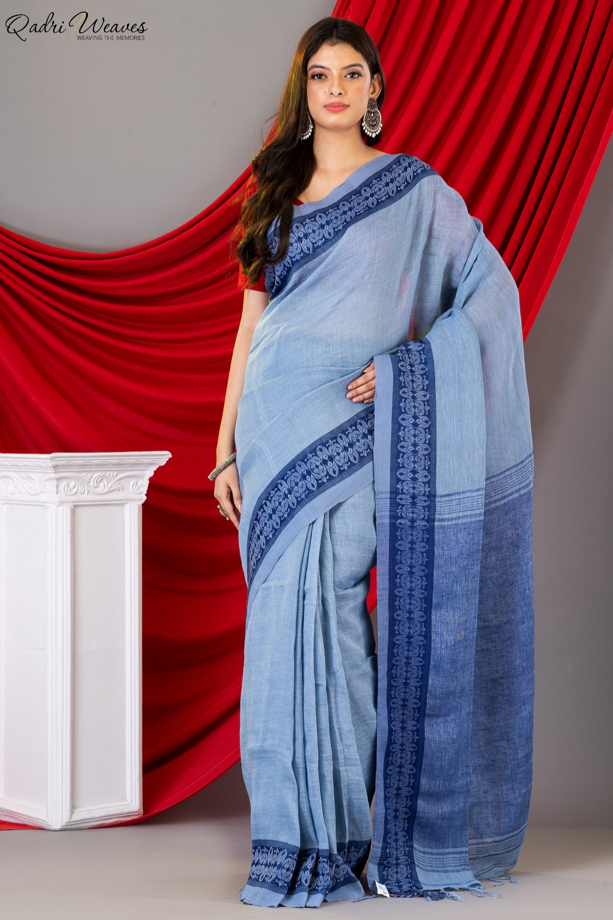 Handloom Light Blue Grey Intricate Thick Border Work Linen Saree