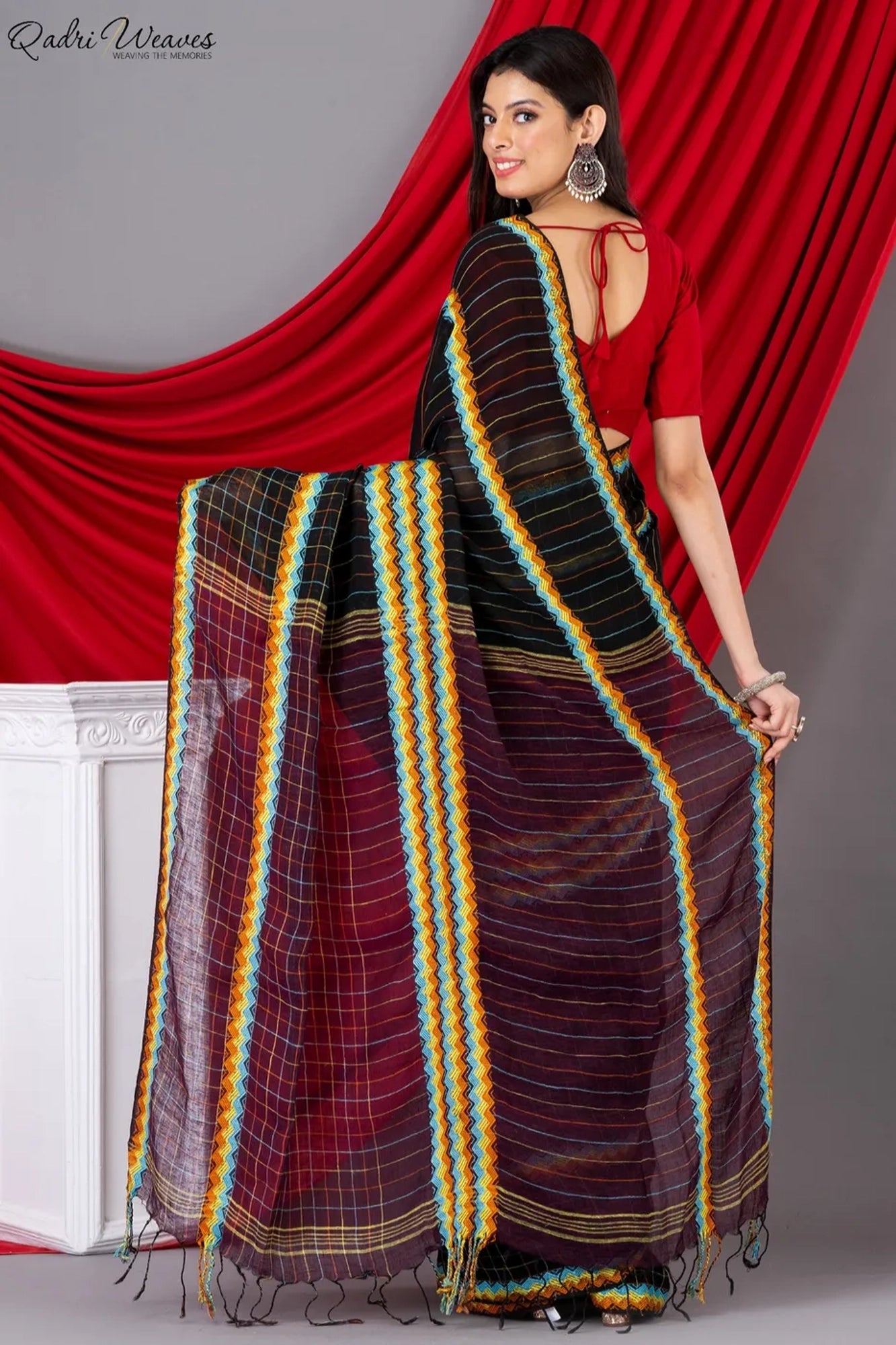 Handloom Black & Maroon Pure Linen Saree