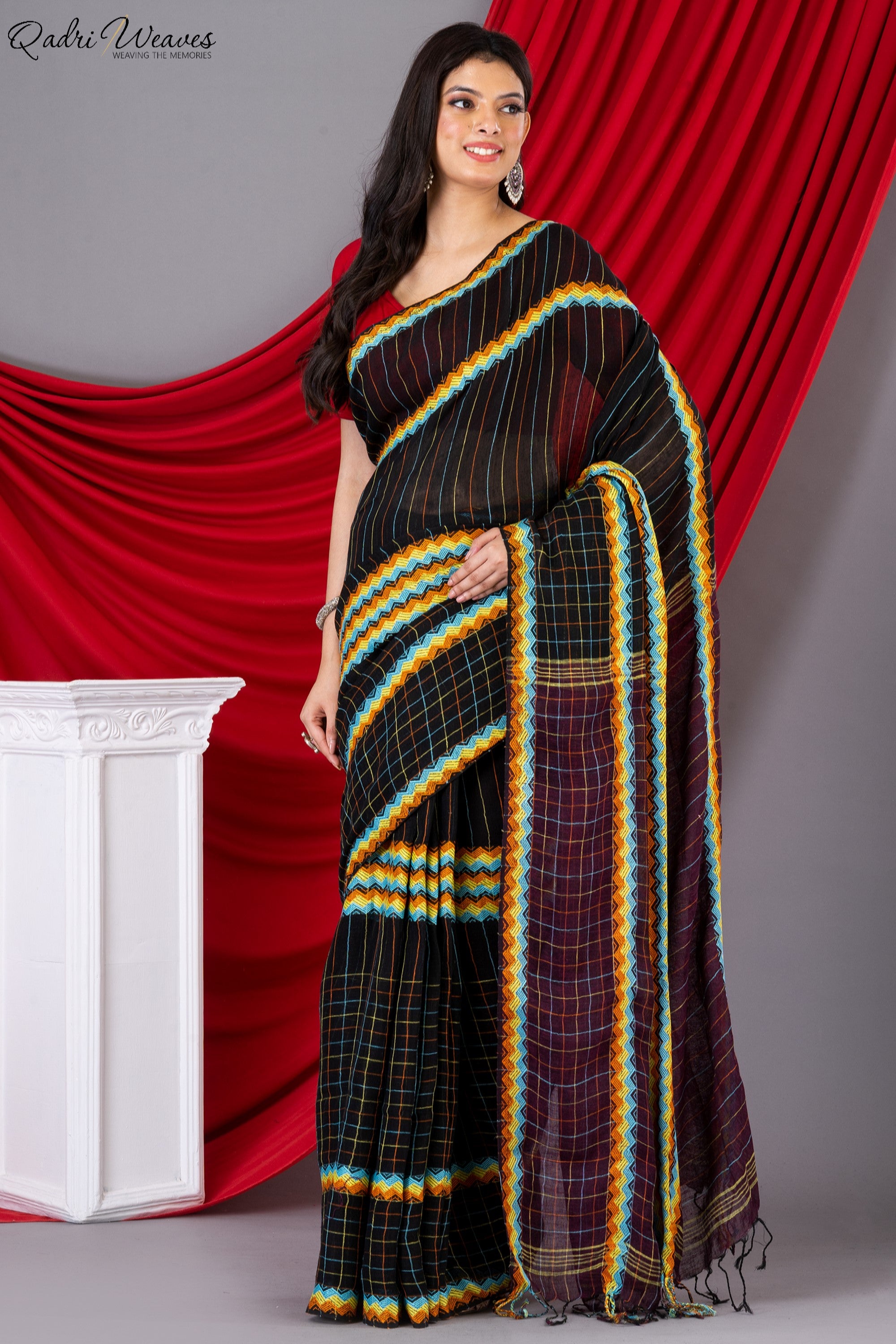 Handloom Black & Maroon Pure Linen Saree