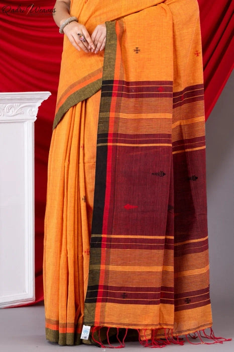 Handloom Fire & Maroon Fish Motif Premium Khadi Cotton Saree