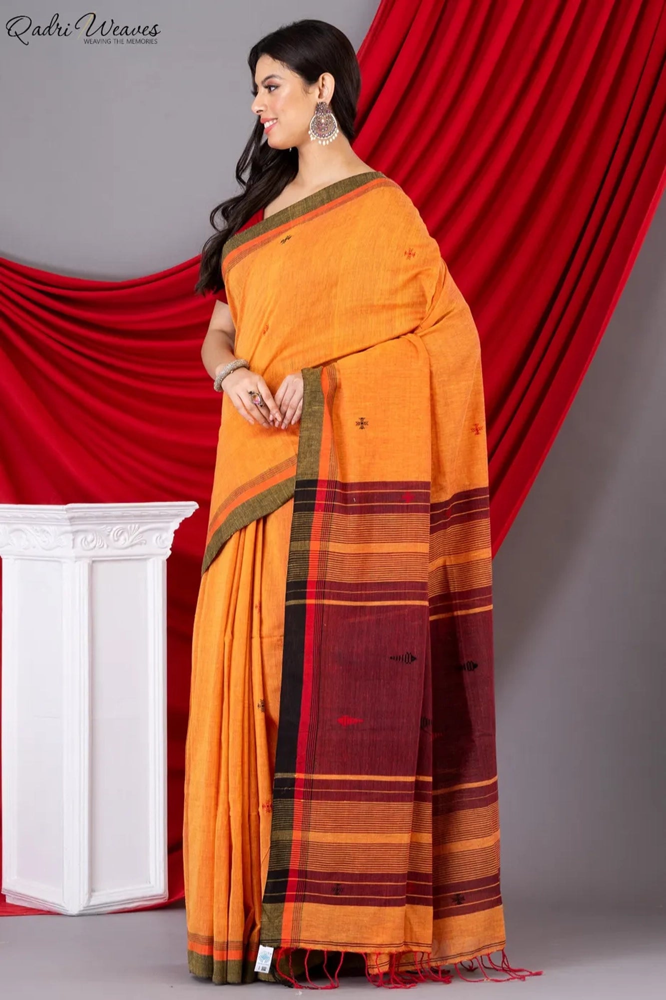 Handloom Fire & Maroon Fish Motif Premium Khadi Cotton Saree