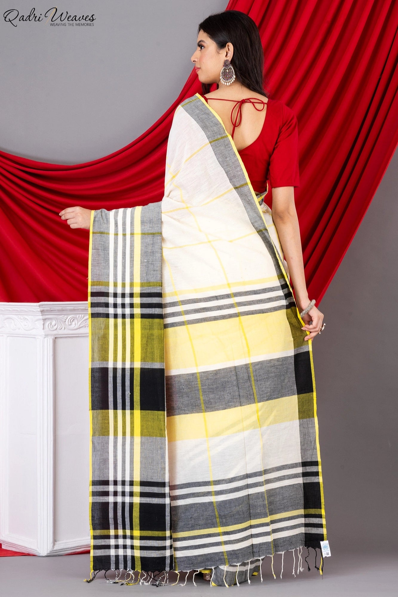 Handloom White & Yellow Check Premium Mulmul Khadi Cotton Saree