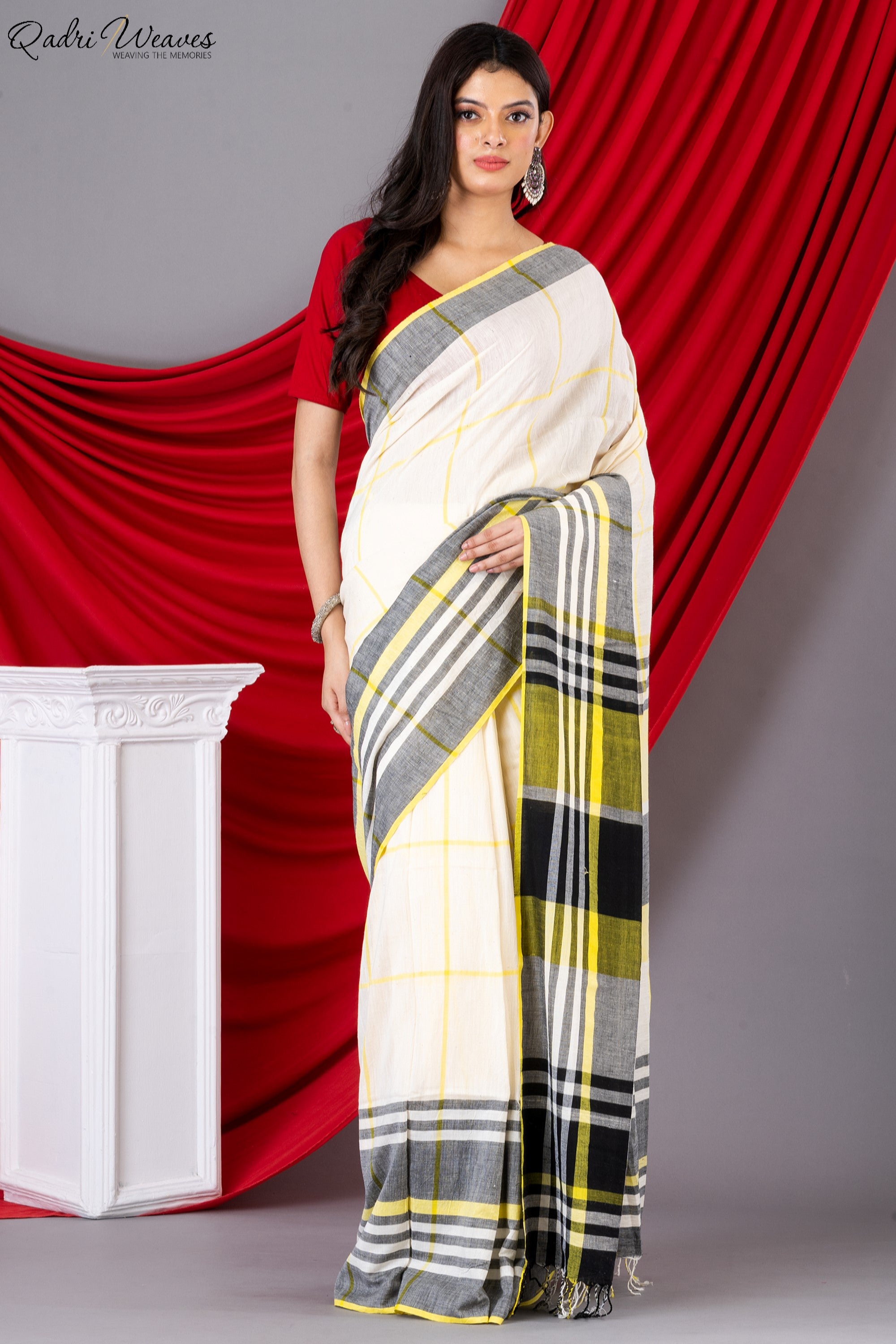 Handloom White & Yellow Check Premium Mulmul Khadi Cotton Saree