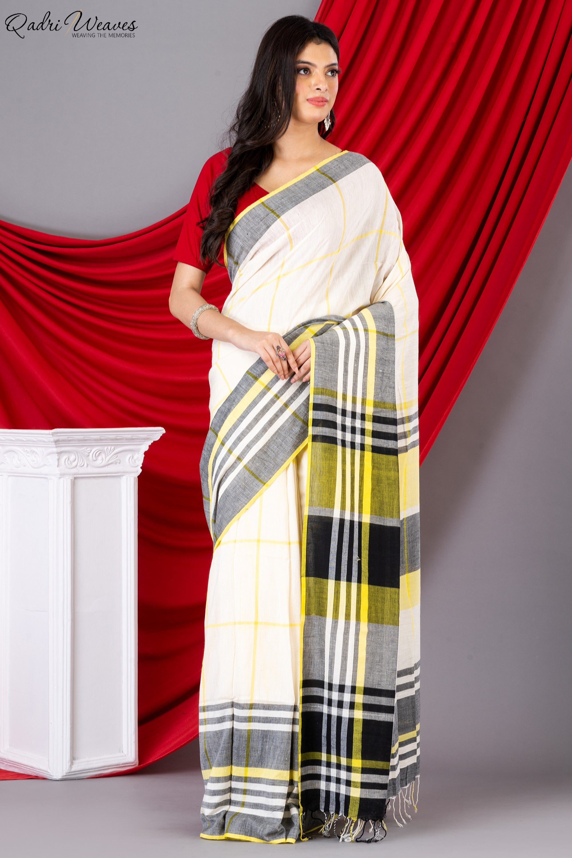 Handloom White & Yellow Check Premium Mulmul Khadi Cotton Saree